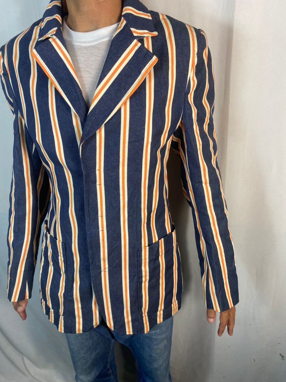 Designer × W&LT × Walter Van Beirendonck 🔥RARE🔥Vintage W&.L.T denim stripe snap button blazer jacket Size US S / EU 44-46 / 1 - 3 Thumbnail