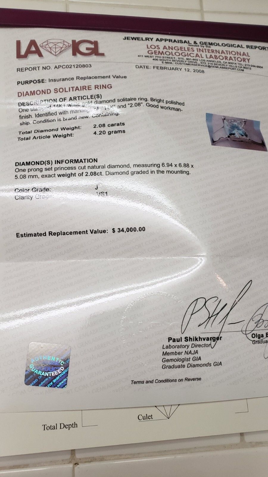Other GIA Certified! $34,000 2.08ct VS Diamond 14k W/G Ring Size ONE SIZE - 2 Thumbnail