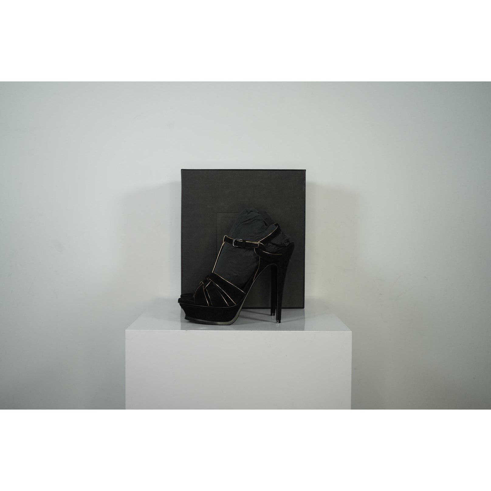 YVES Saint Laurent Black Suede Tribute Platform Sandals, Women's (Size 9)