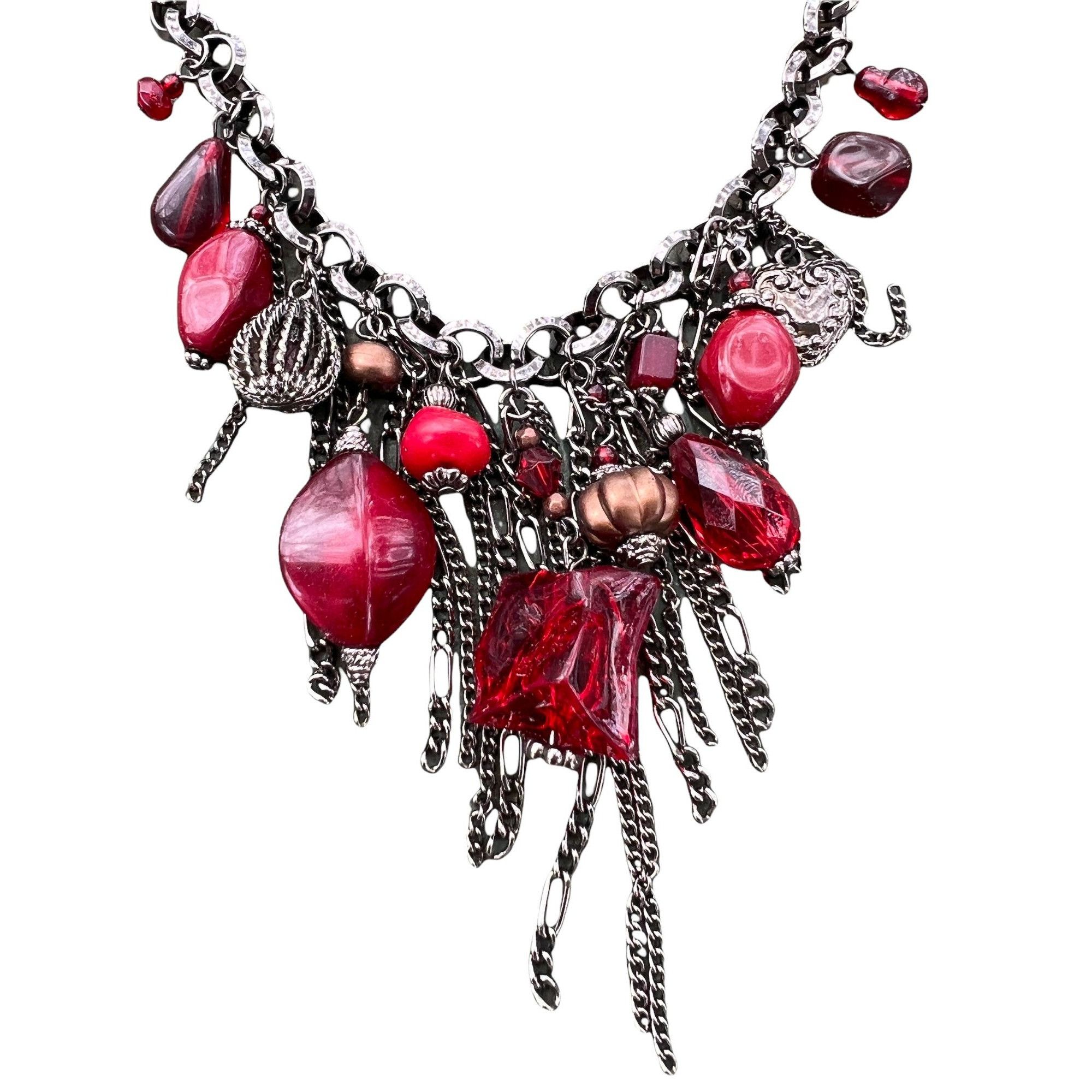 Other EsMor Gunmetal Necklace Red Lucite Plastic Beads Adjustable Size ONE SIZE - 2 Thumbnail