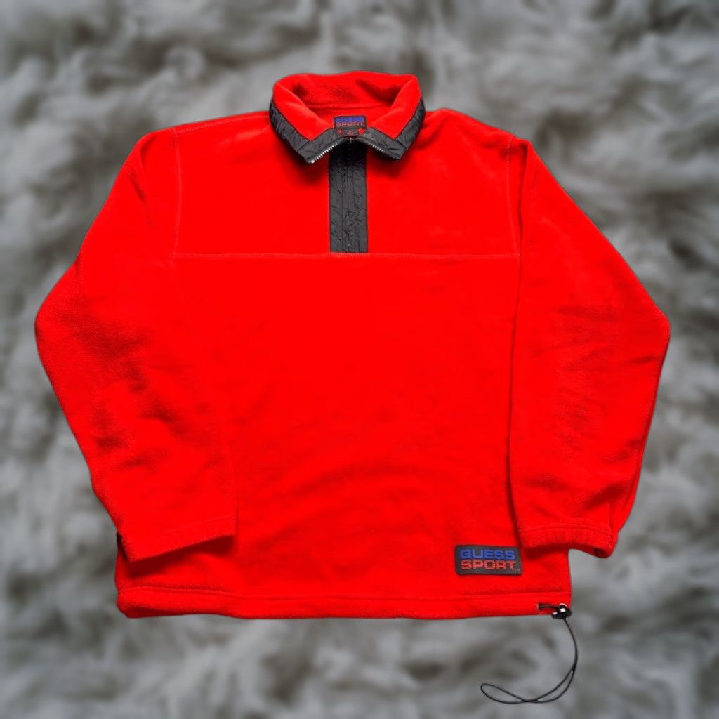 VINTAGE Guess Sport Fleece Pullover Mens M Red 1/4 Snap Mock Neck Jacket