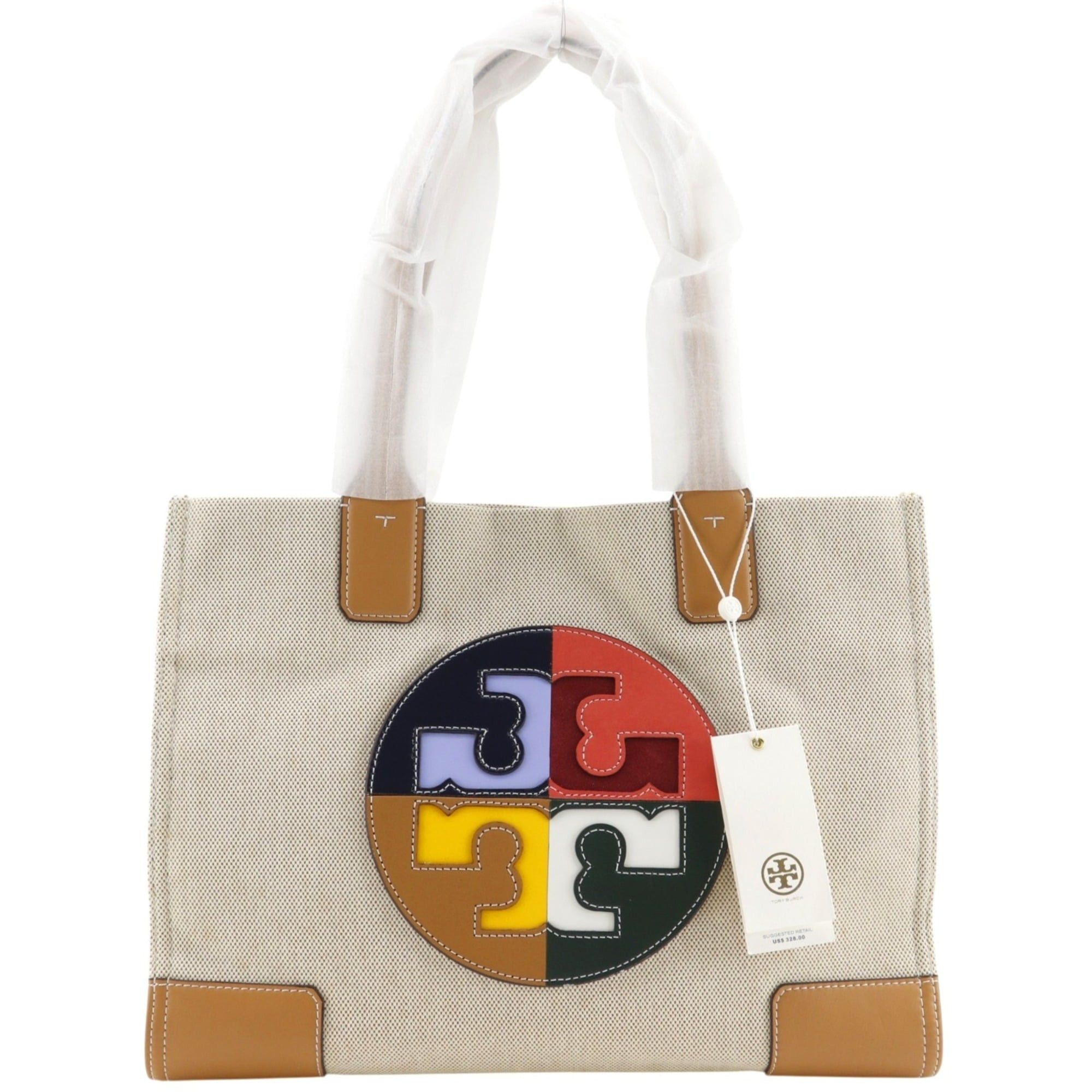 Tory Burch Tory Burch Ella Colorblock Logo Tote Bag, Canvas x Leather, Beige, A4 Size, Magnetic Closure, Women's. Size ONE SIZE - 1 Thumbnail