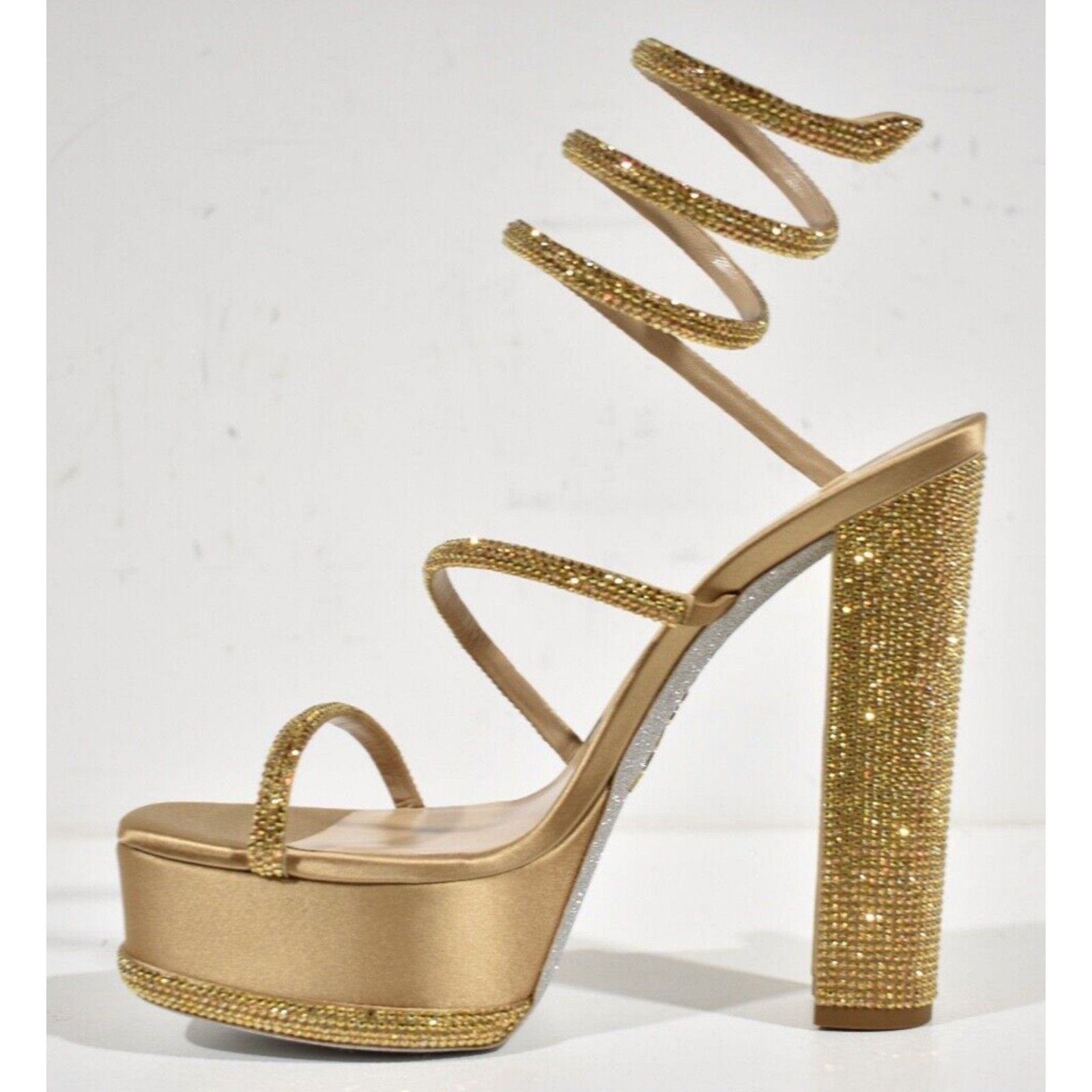 Rene Caovilla Cleo Gold Platform Wrap Strap Sandal Block Heel Pump 38 Size US 8 / IT 38 - 8 Thumbnail