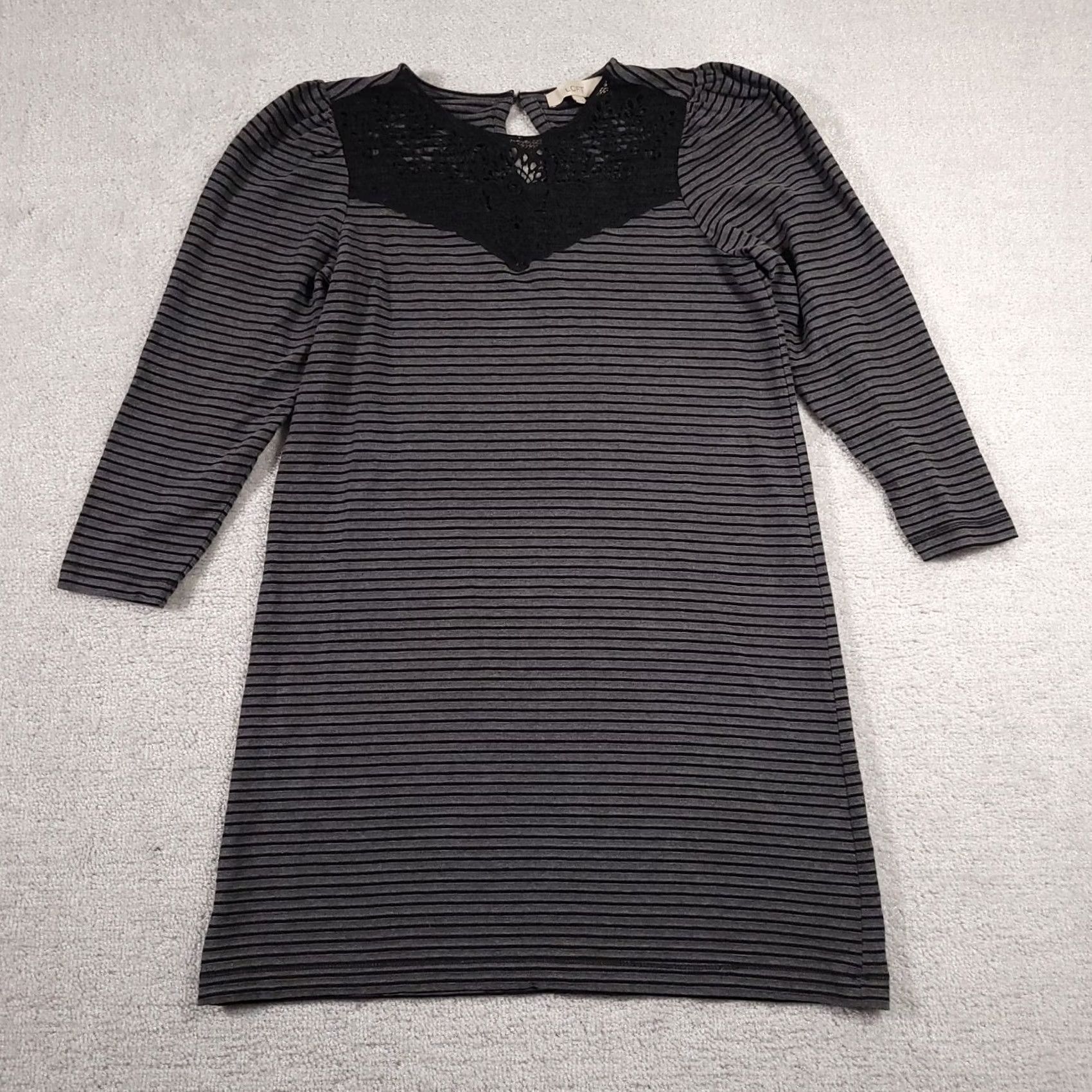 Loft LOFT Shirt Dress Women's PS Petite Gray Stripe 3/4 Sleeve Crochet Casual A-Line Shirt Dress Womens PS Petite Gray Stripe Crochet Wool? Size S / US 4 / IT 40 - 2 Thumbnail