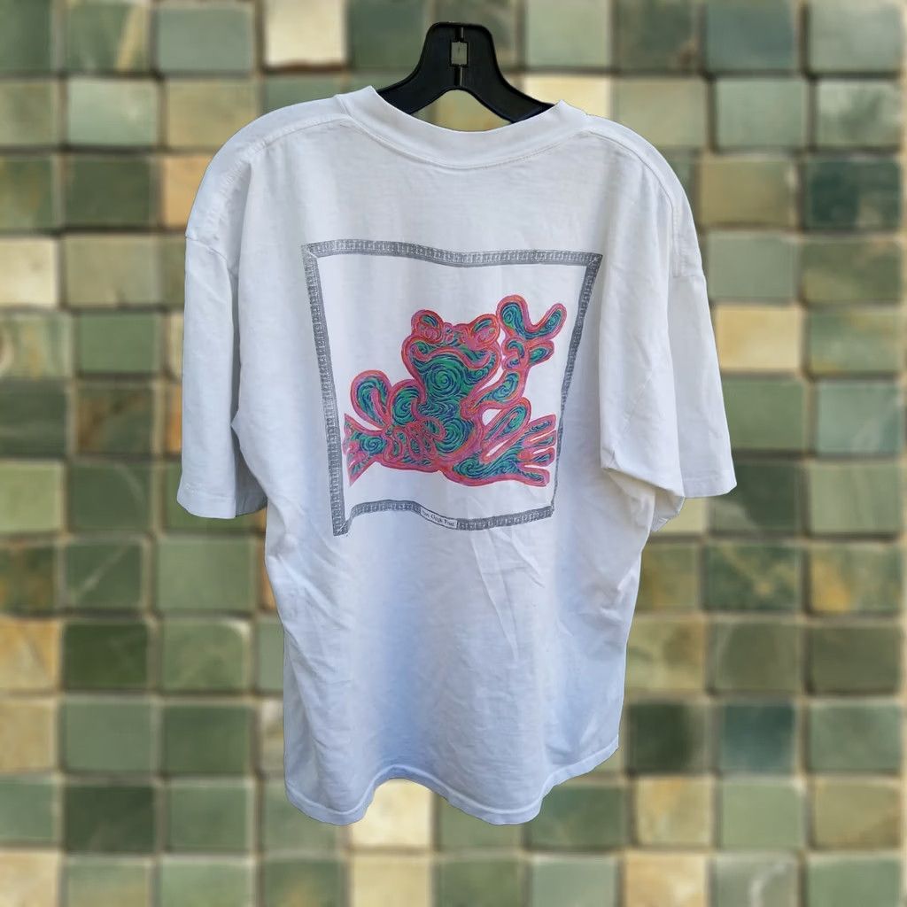 Vintage PEACE FROGS T-Shirt MENS XL White Vintage Graphic Print Crew Neck Short Sleeve distressed print 2 small holes stain Chest 22.5 Length 29 Sized Regular Size US XL / EU 56 / 4 - 1 Thumbnail