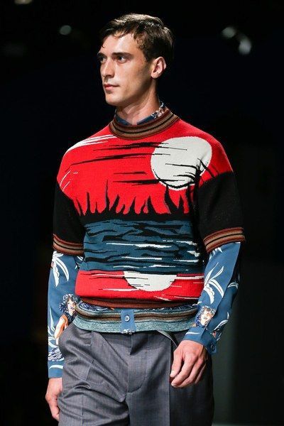 image of Prada Sunset Landscape Short Sleeve Knit Sweater Size M, Men's