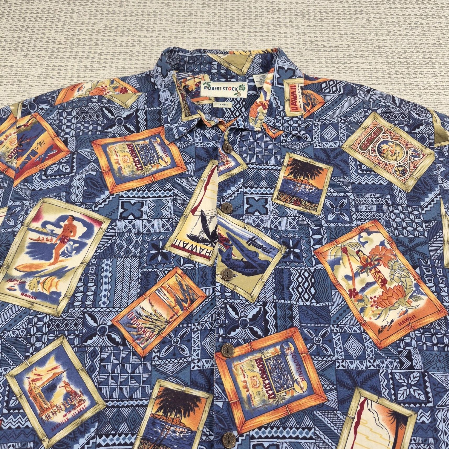 Vintage Robert Stock Shirt Mens Large Button-Up Blue Hawaiian Travel Postcard Aloha Shirt Size US L / EU 52-54 / 3 - 6 Thumbnail