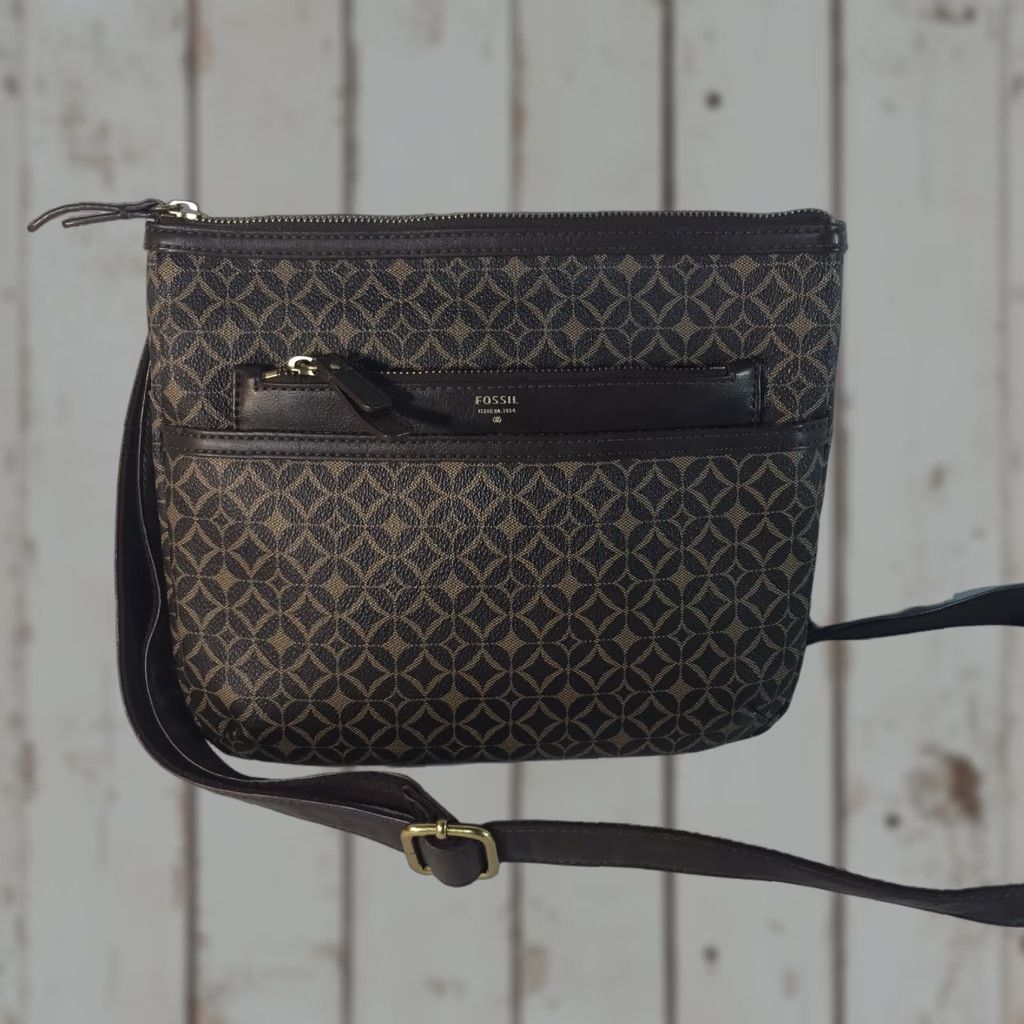 Fossil Fossil Brown & Gold Faux Leather Medium Crossbody Bag - Adjustable Strap, Geometric Pattern, Casual/Business, Womens Size ONE SIZE - 1 Thumbnail