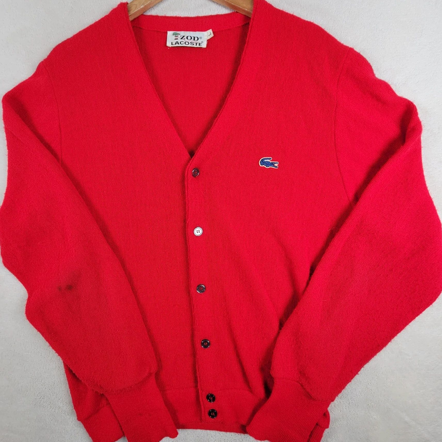 Lacoste VINTAGE Lacoste V-Neck Cardigan Sweater Red Men Size Large Button Logo Cardigan 80s 90s 60s Mens Size US L / EU 52-54 / 3 - 2 Thumbnail