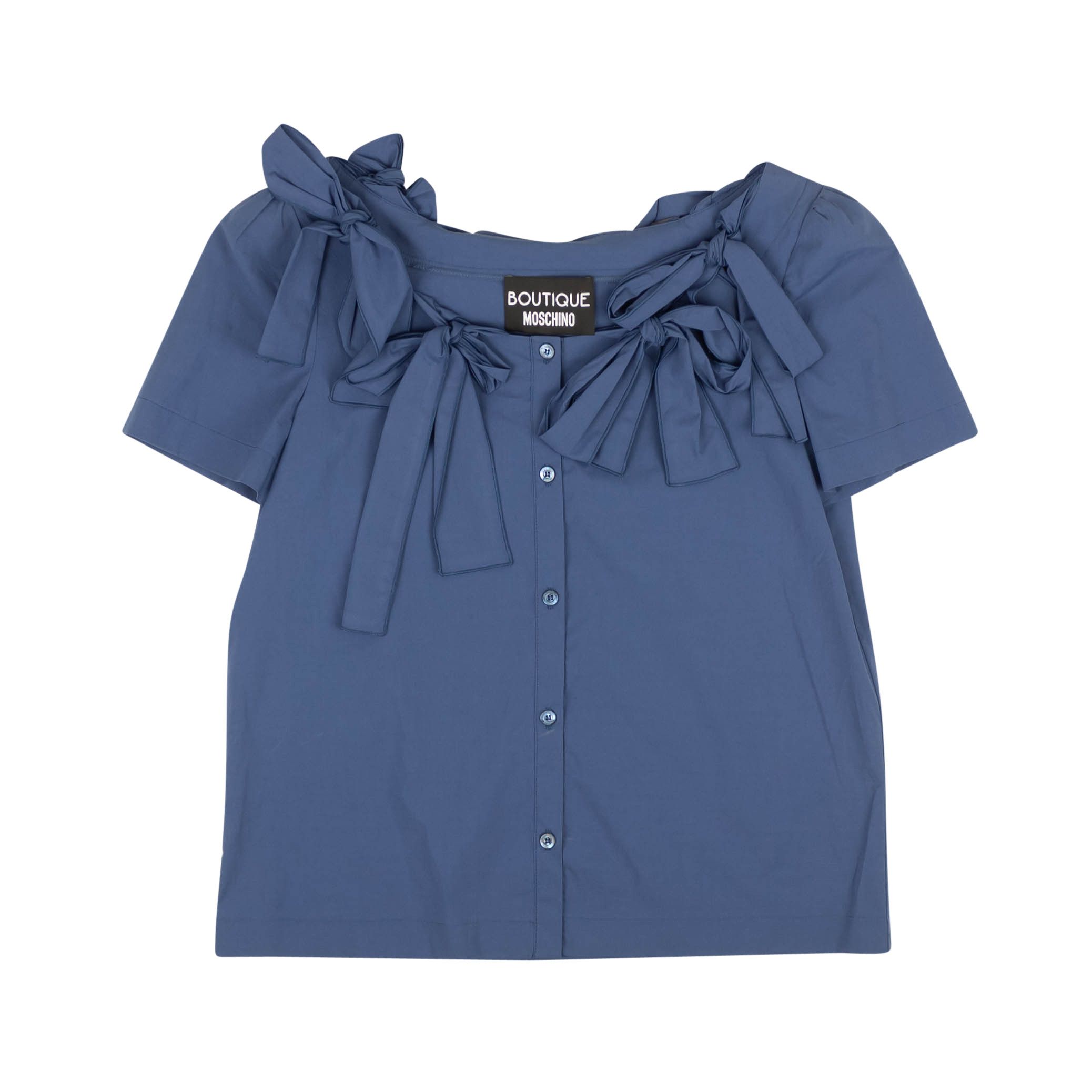 Image of Moschino Boutique Blue Bow Accented Short Sleeve Blouse Size 2/38, Women's