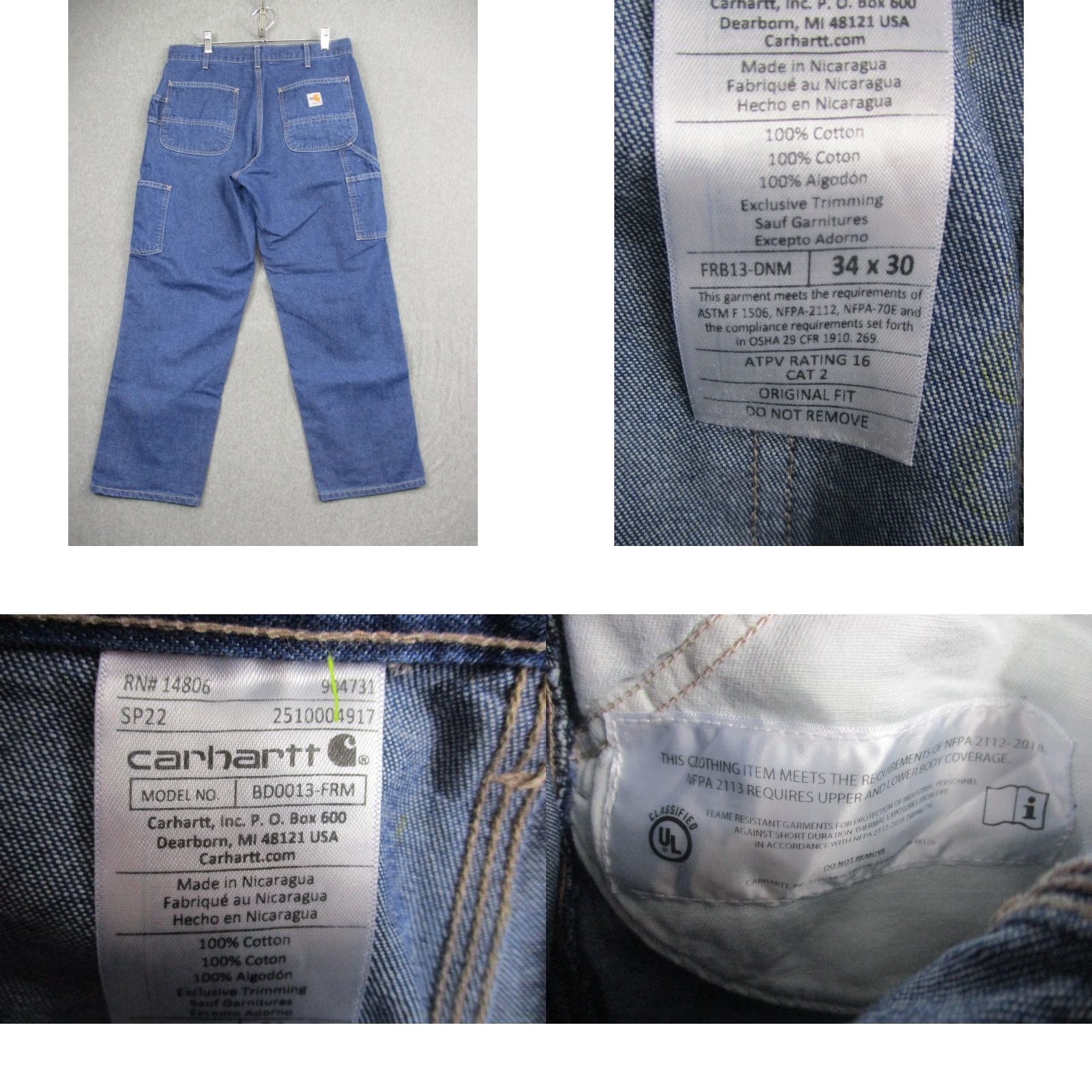 Carhartt Carhartt FR Denim Dungaree Jeans 34x30 Mens Blue Original Fit Work FRB13-DNM Size US 34 / EU 50 - 9 Thumbnail