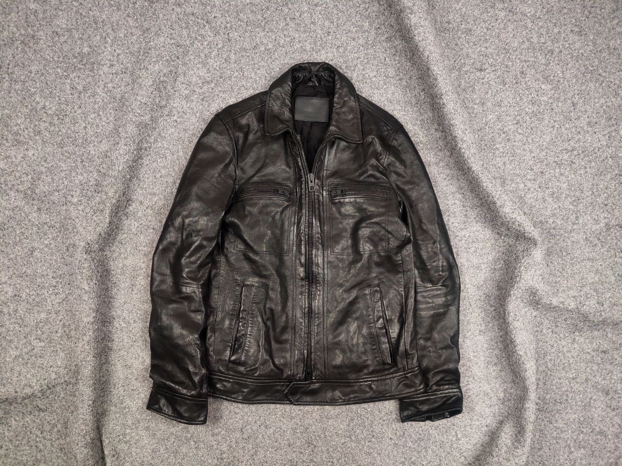 image of Allsaints Track Leather Black Pocket Zip Biker Mens Jacket (Size XS)