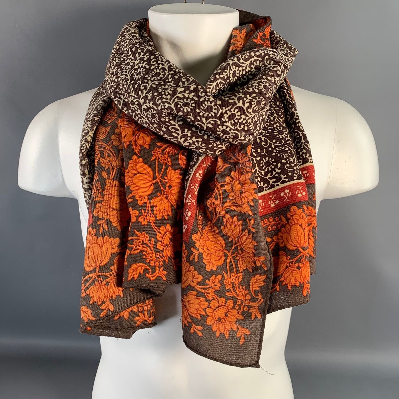 Ermenegildo Zegna ERMENEGILDO ZEGNA Brown Orange Floral Wool Silk Scarf Shawl Size ONE SIZE - 1 Thumbnail
