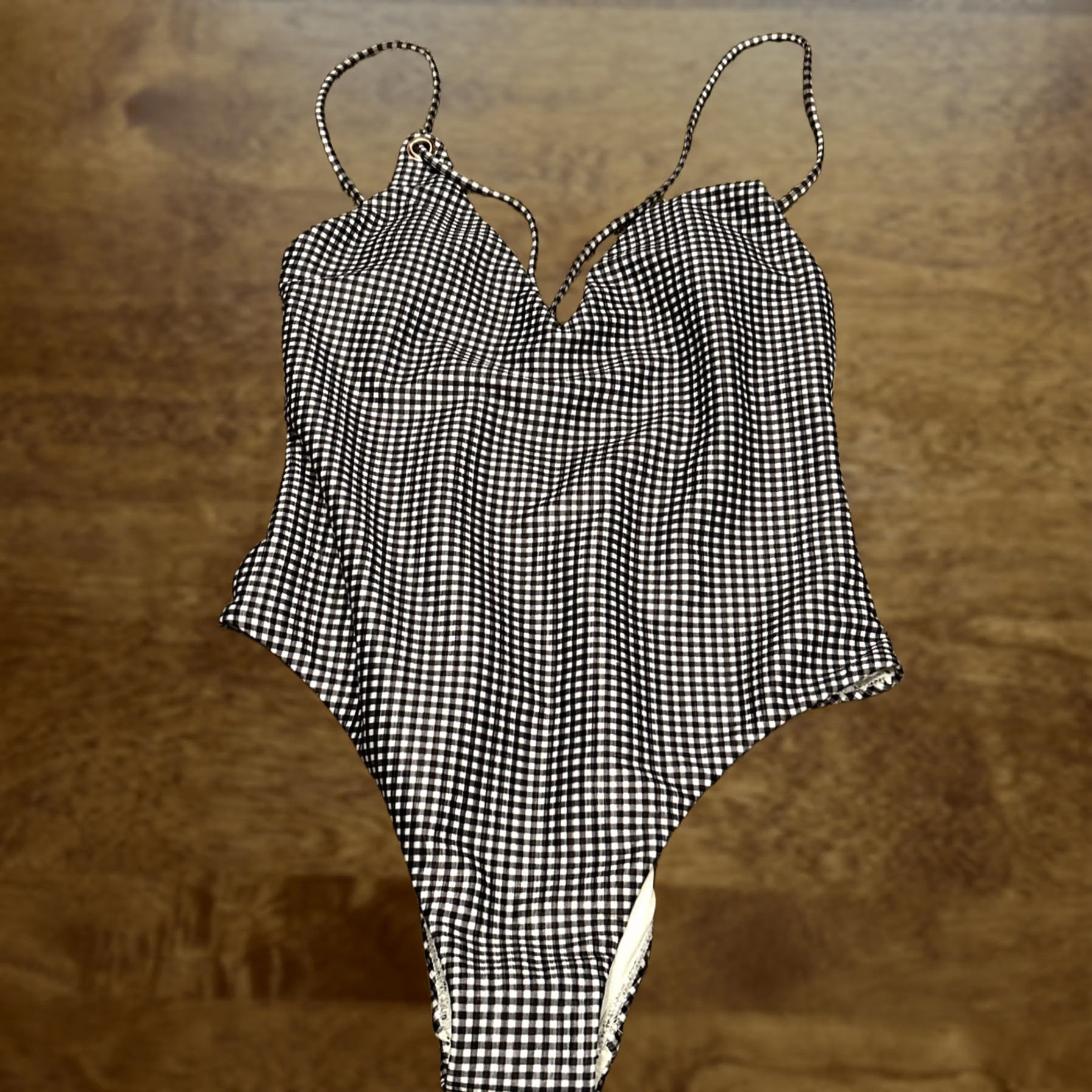 Vintage La Hearts One Piece Swimsuit Women's M NWT Black White Check Bikini Tank Spaghetti Strap Heart Pattern Size ONE SIZE - 1 Thumbnail