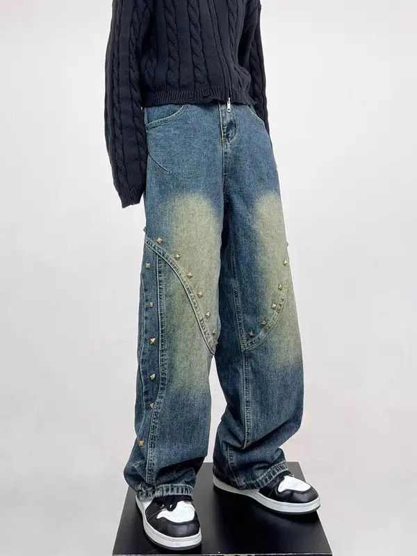 Japanese Brand VIBE Street hip-hop rivet washed contrast patchwork jeans Size US 32 / EU 48 - 6 Thumbnail