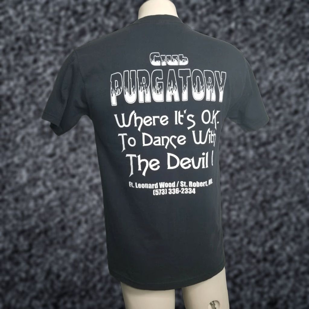 Fruit Of The Loom Retro Mens M Club Purgatory T Shirt Where You Can Dance With The Devil Black 80s Graphic Tee Crew Neck Short Sleeve 100% Cotton Men Size US M / EU 48-50 / 2 - 1 Thumbnail