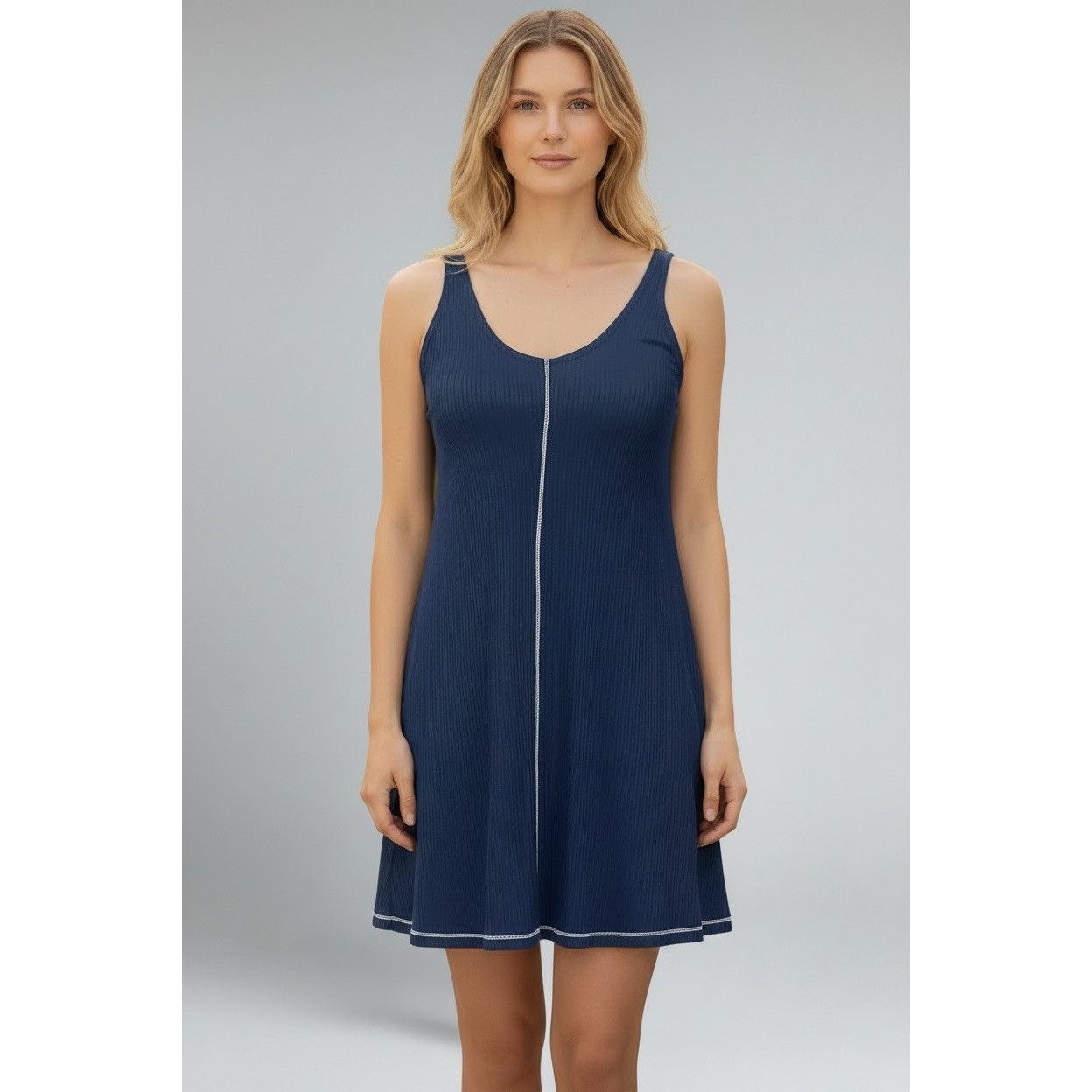 Other Good Luck Gem Double-V, Ribbed Mini Tank Dress, Navy, XS Size XS / US 0-2 / IT 36-38 - 1 Thumbnail