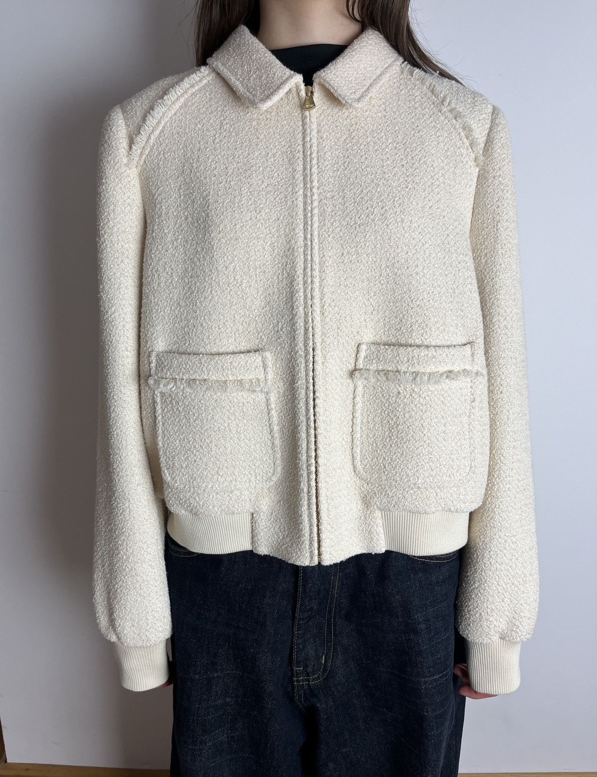 ME+EM ME+EM Tweed Bomber Jacket Cream Stretch Cotton Size XL / US 12-14 / IT 48-50 - 1 Thumbnail