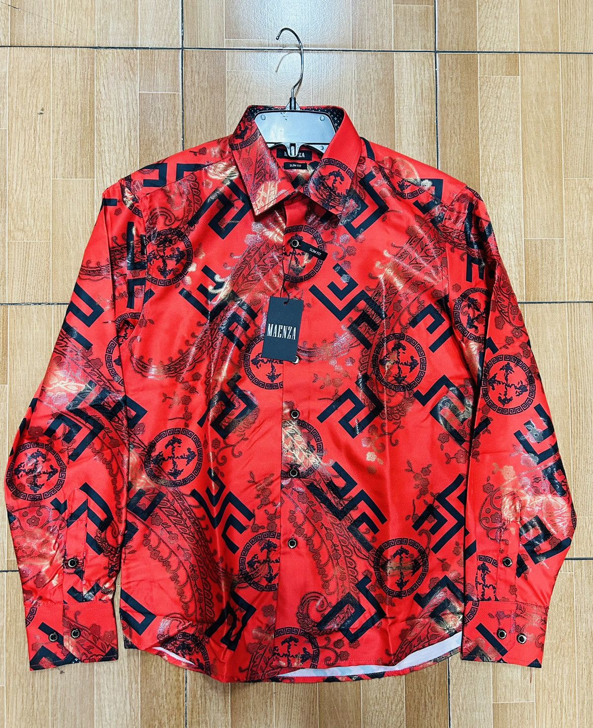 Vintage Large Maemo’s Red Greek Pattern Foil Pattern Dress Shirt | Grailed