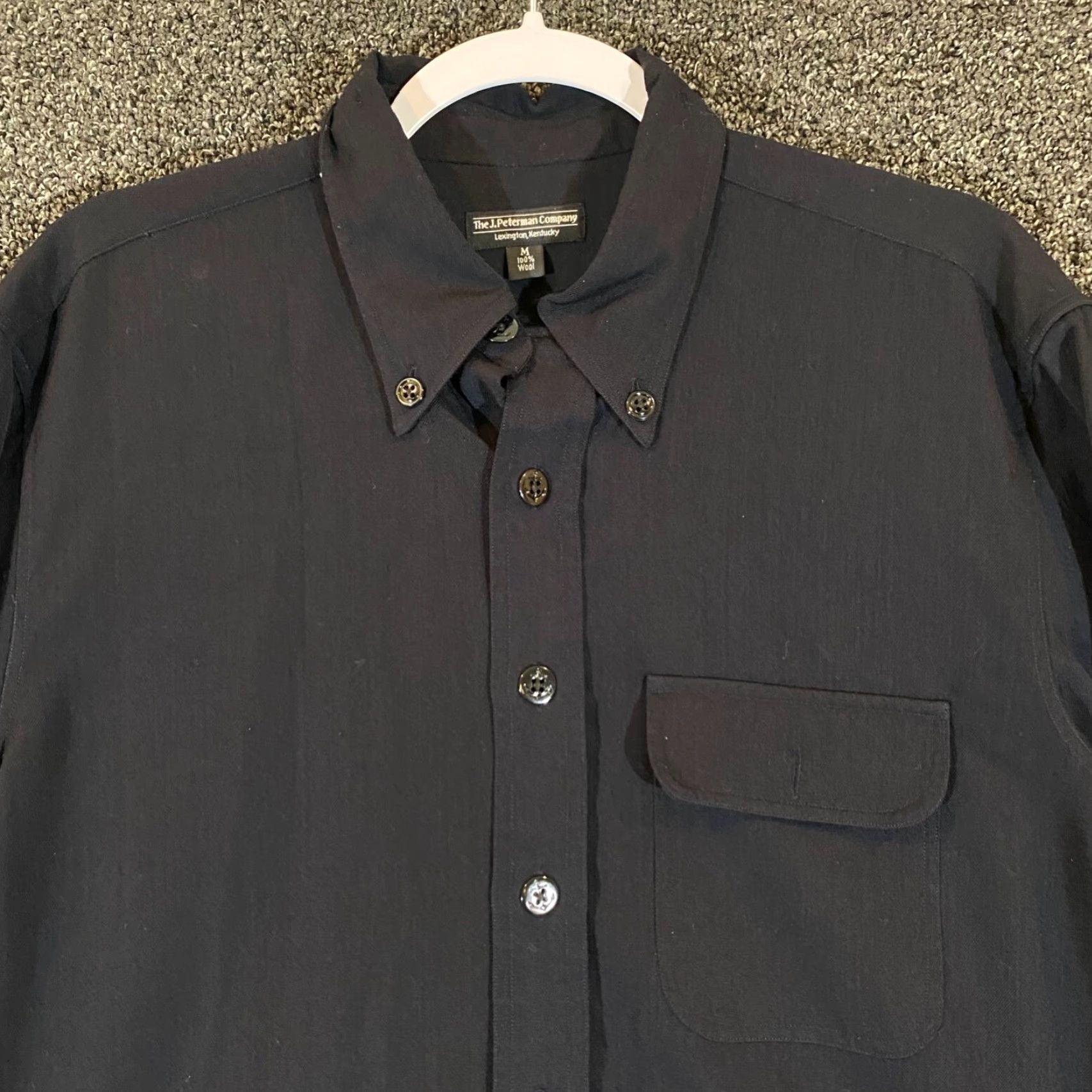 J Peterman Shirt Mens Medium 100% WOOL Navy Blue Button Down Long Sleeve Shirt
