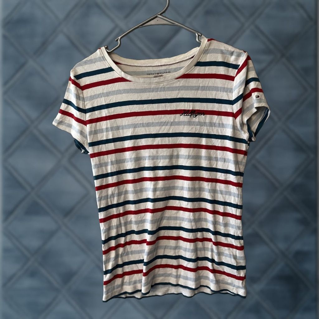 Tommy Hilfiger Tommy Hilfiger T Shirt L Womens Multicolor Striped Crew Neck Short Sleeve Cotton Jersey Logo Embroidered Classic Modern 100% Cotton Regular Fit Size L / US 10 / IT 46 - 1 Thumbnail