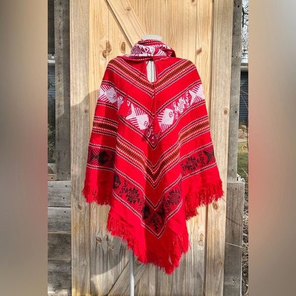 Other Vintage Red Knit Aztec Southwest Fish Fringe Poncho w/Scarf Size ONE SIZE - 1 Thumbnail