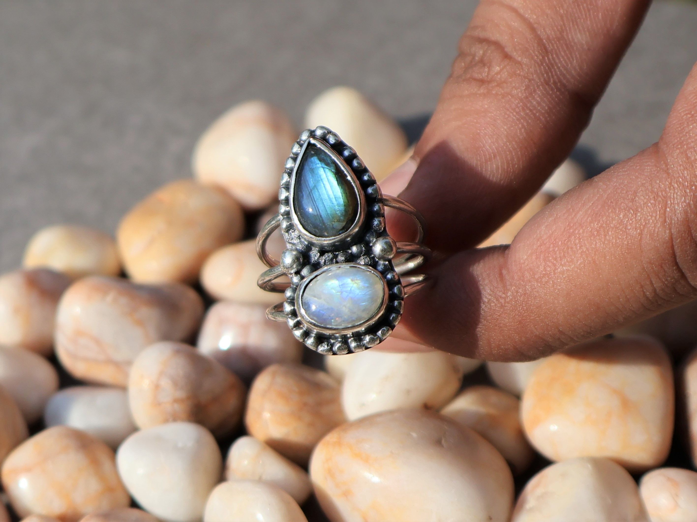 Handmade Moonstone Labradorite Ring, Handmade Sterling Silver Ring, Size ONE SIZE - 1 Thumbnail