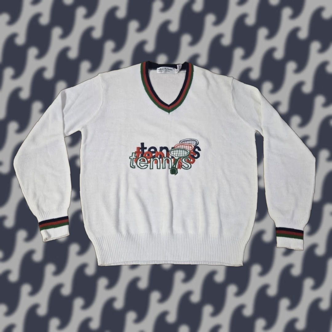 Vintage VINTAGE La Mode Du Tennis Sweater Mens XL White V Neck Tennis Graphic Retro 80s Size US XL / EU 56 / 4 - 1 Thumbnail