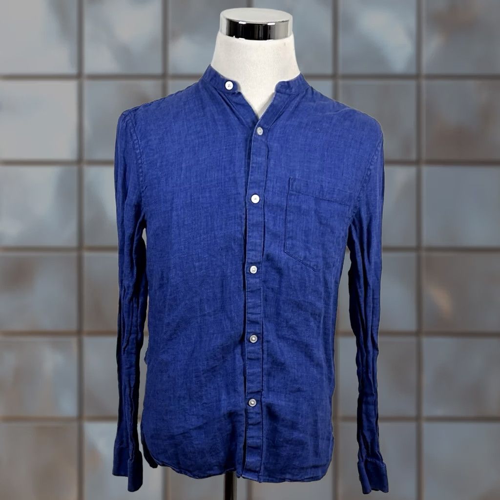 H&M H&M Button-Up Linen Shirt Blue Wash Band Collar Regular Fit Mens M Size US M / EU 48-50 / 2 - 1 Thumbnail