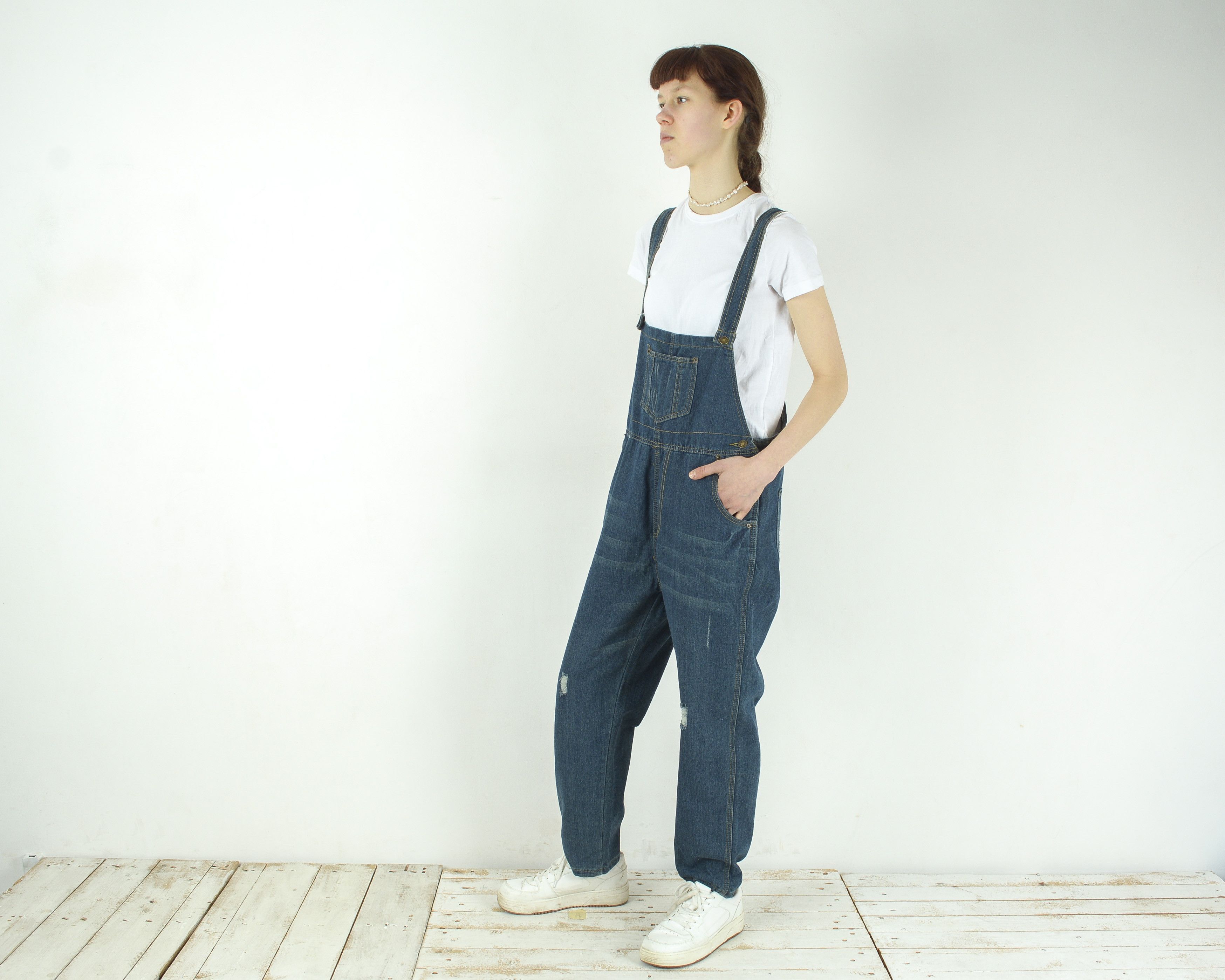 Vintage Denim Romper Jean Dungaree Overalls Bib Jumpsuit Playsuit Size 37" - 2 Thumbnail