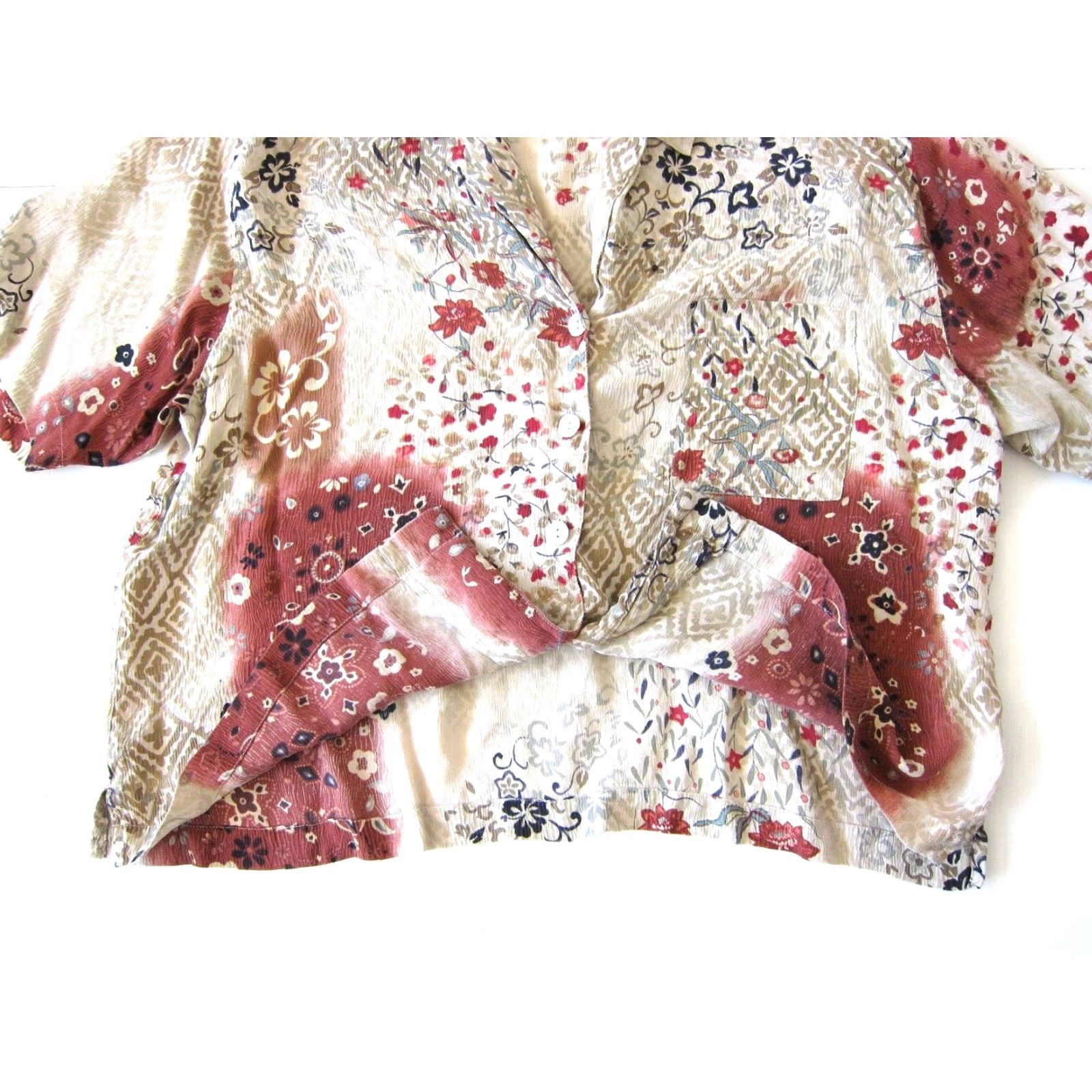 Vintage Chico's Design 100% Silk Brown Pink Floral Button Down Short Sleeve Blouse 3/L Size L / US 10 / IT 46 - 5 Thumbnail