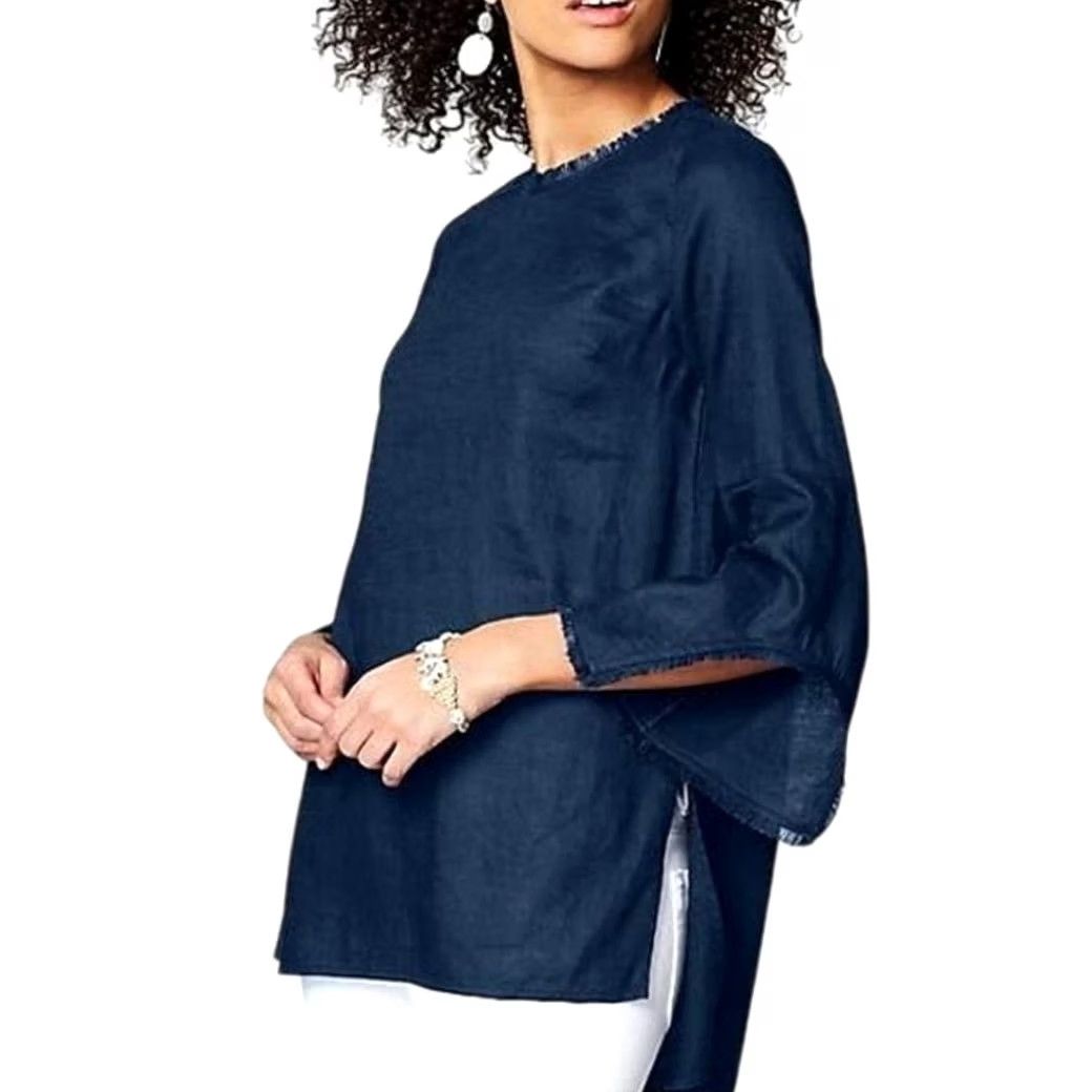 J. Jill VINTAGE J. Jill Love Linen Tunic Top Frayed Edge Navy Blue Coastal Nautical Sz Petite S Blouse 3/4 Sleeve Womens Size S / US 4 / IT 40 - 2 Thumbnail