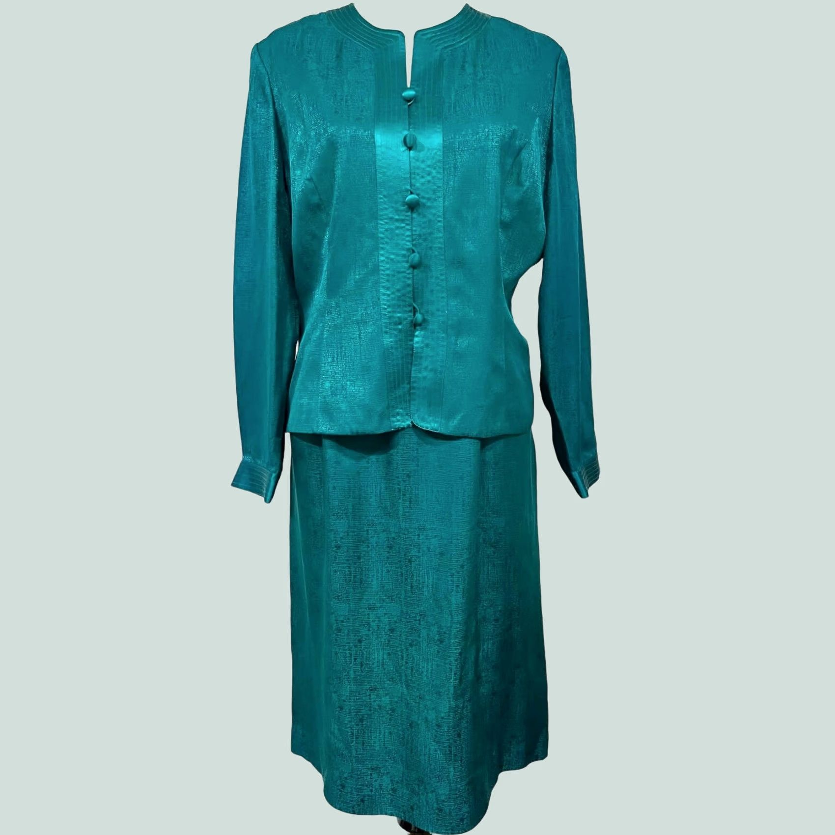 Adrianna Papell VINTAGE Adrianna Papell Silk Skirt Suit Set Jacket & Skirt 14 Teal Green/Blue Women Adults Mens Girls Size 36" / US 14 / IT 50 - 1 Thumbnail
