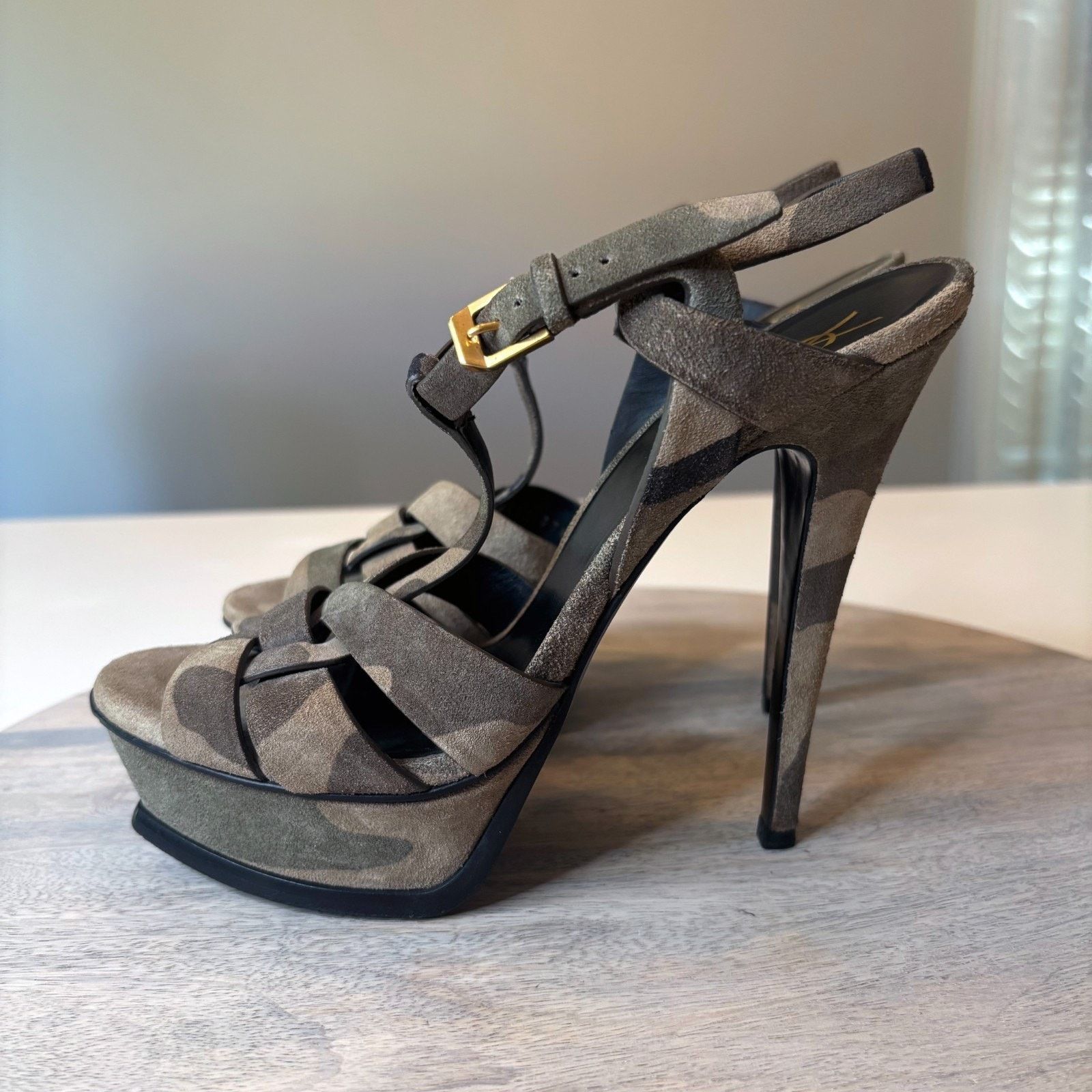 Saint Laurent Paris Yves Saint Laurent Camo Green Suede Tribute Heels Size 7.5 Size US 7.5 / IT 37.5 - 3 Thumbnail