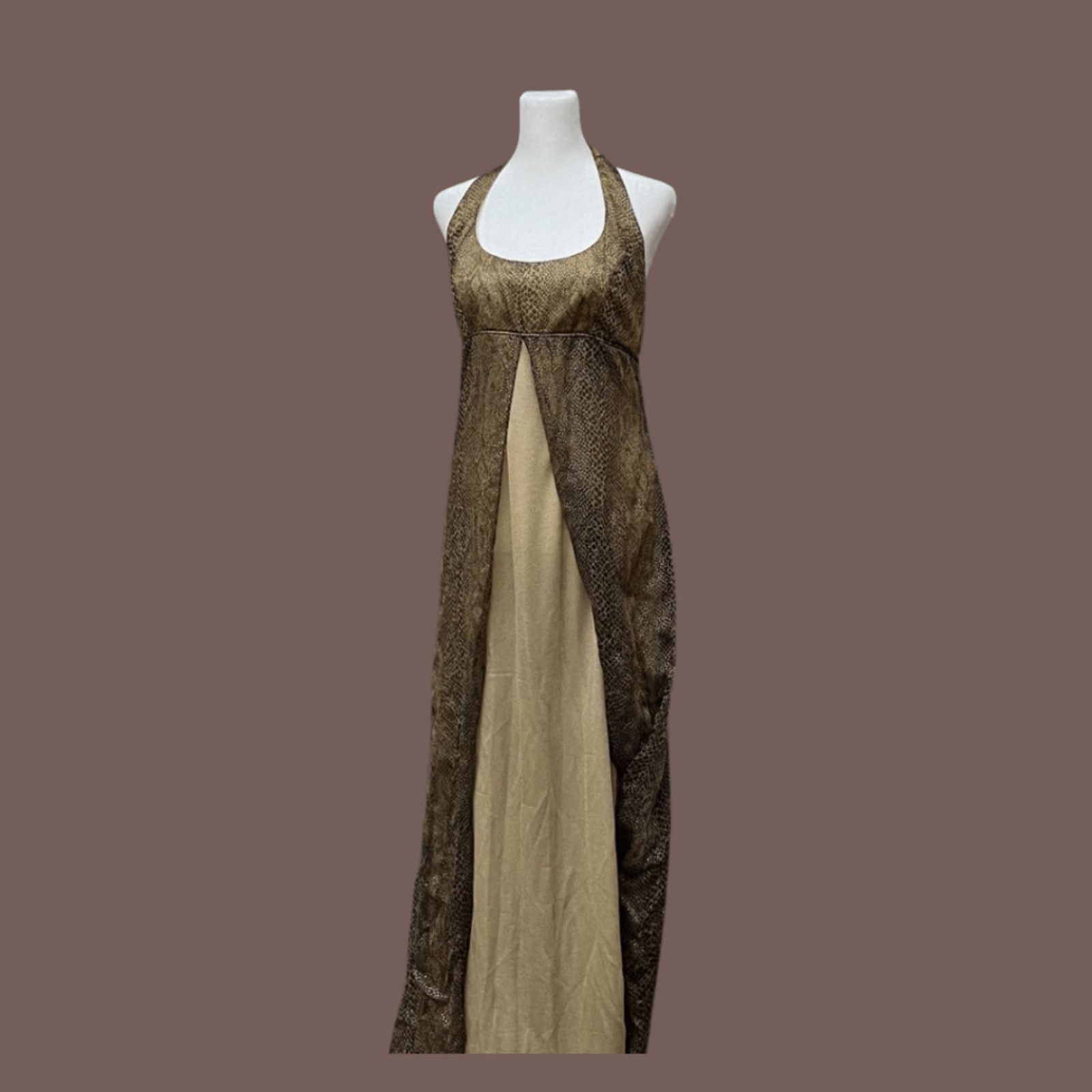Vintage VTG Maxi Dress, Morgan & Co Brown Metallic Halter | 80s Glam Size L / US 10 / IT 46 - 1 Thumbnail