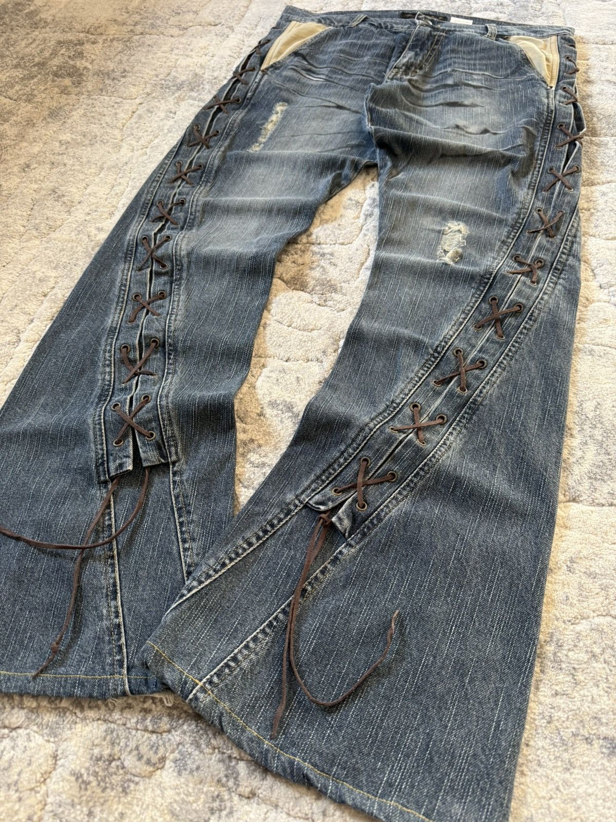 If Six Was Nine Slow Hand Jam 40 Paneled Asymmetrical Lace Up Flared Jeans Size US 32 / EU 48 - 23 Thumbnail