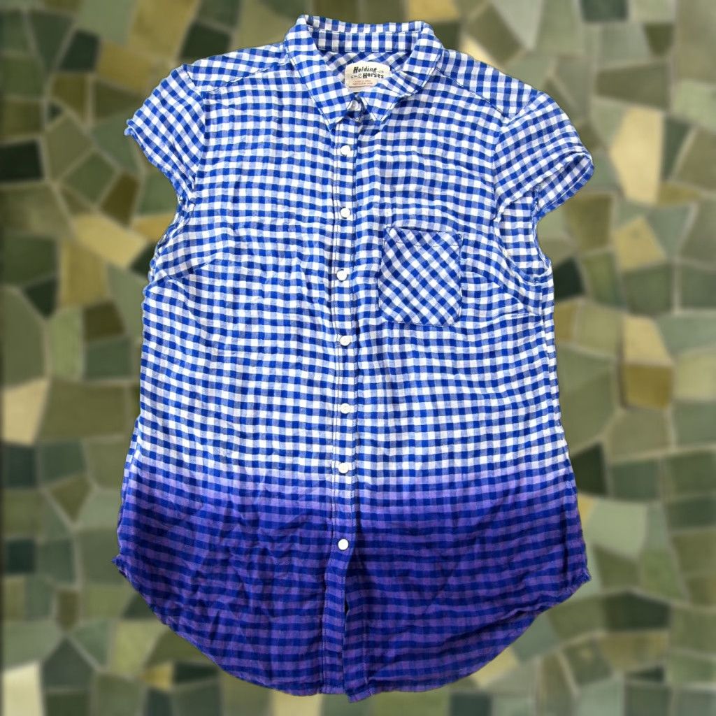 Anthropologie Holding Horses Blouse Shirt Cotton Blue White Plaid Ombre Short Sleeve 4 Womens Vintage Style Theme Horse Button Collar to Travel Business Casual Size S / US 4 / IT 40 - 1 Thumbnail