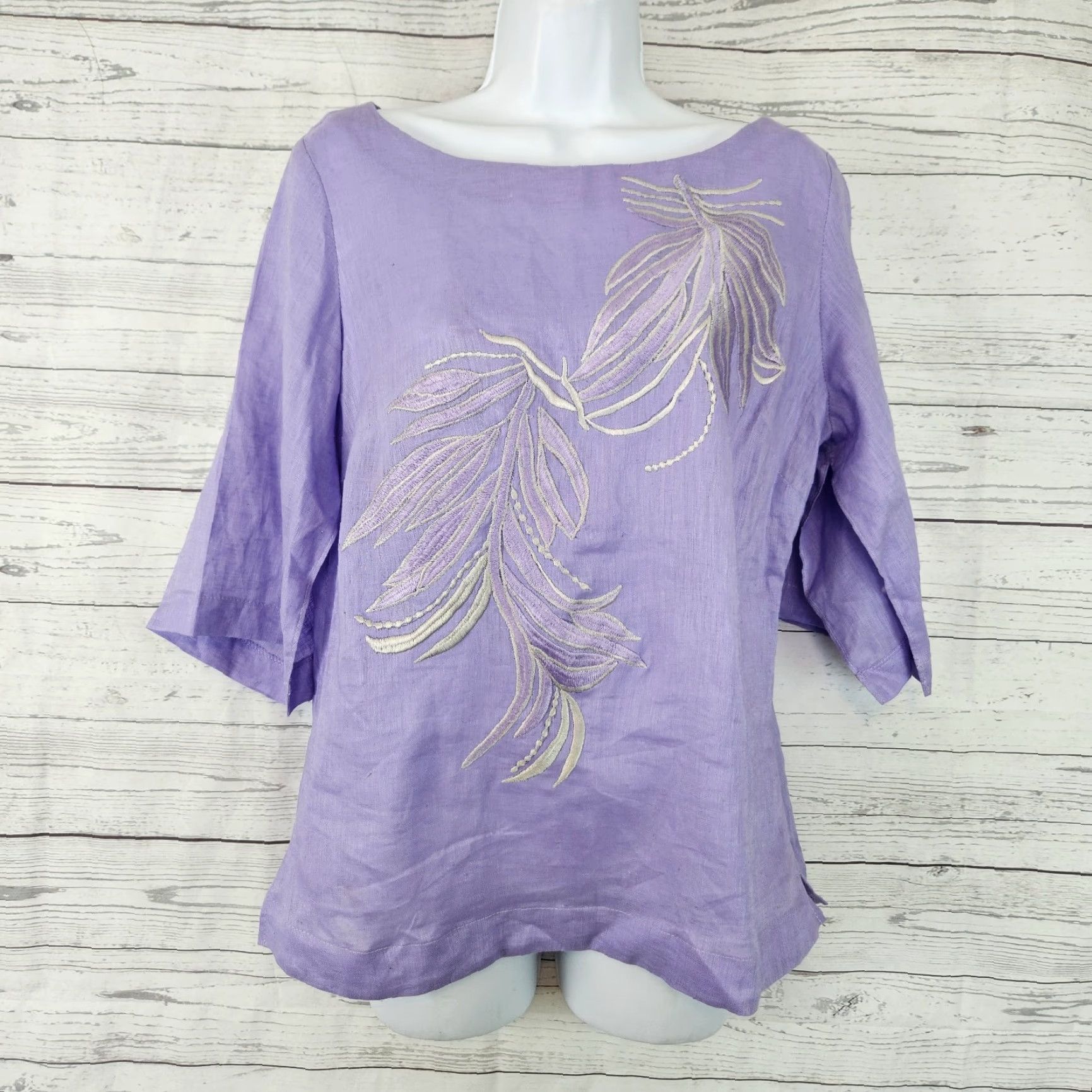 Vintage Salma Womens Linen Top Sz Large Purple Silver Embroidered Side Zip Split Sleeve Blouse Size L / US 10 / IT 46 - 2 Thumbnail