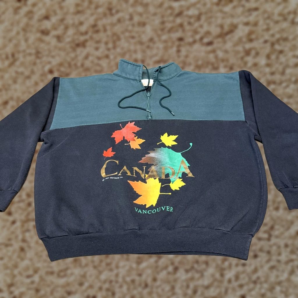 Vintage Cityscape Vancouver Sweatshirt Mens L Green 1/4 Zip Pullover with Graphic Print Canada Vancouver Theme Size US L / EU 52-54 / 3 - 1 Thumbnail