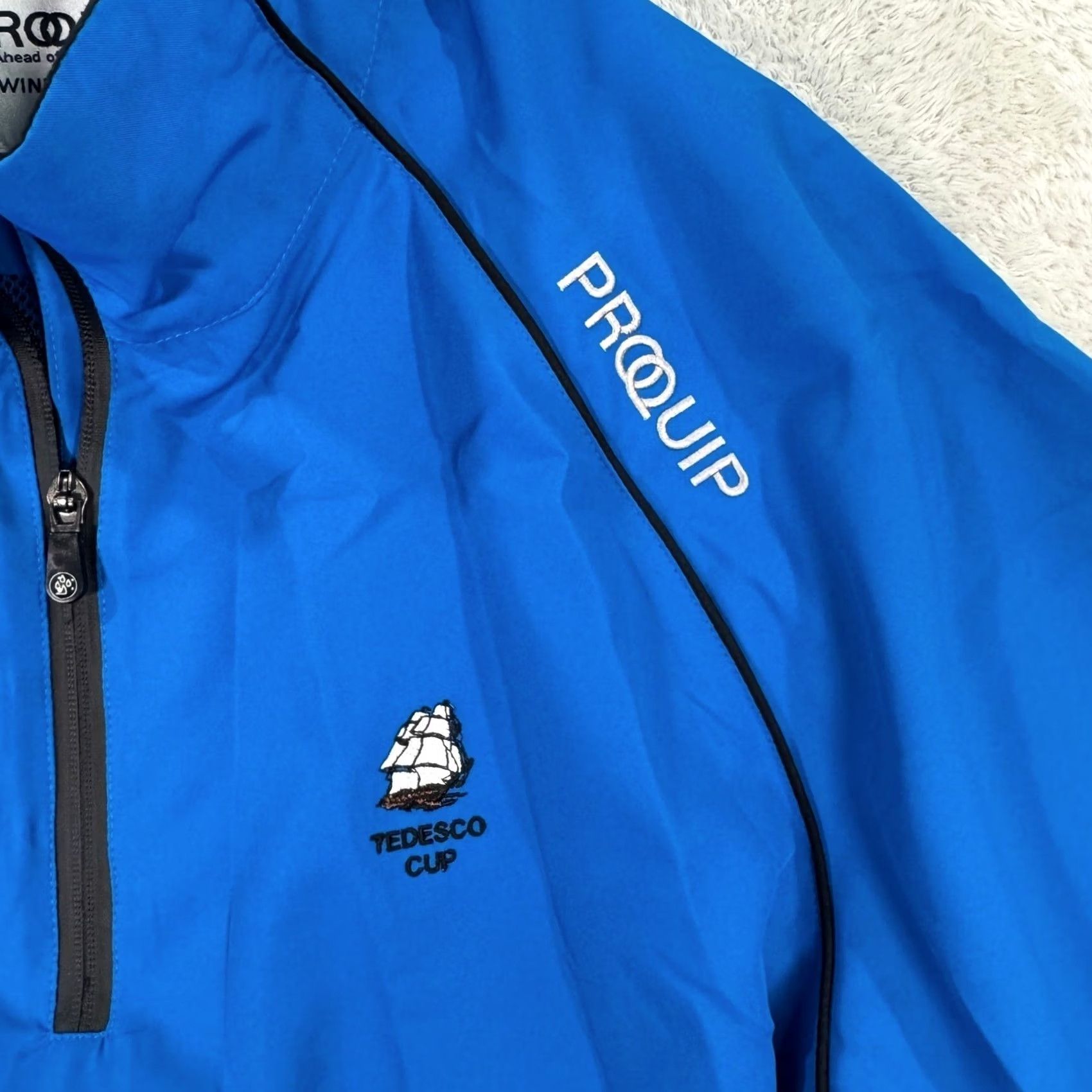 Vintage PROQUIP Men's Large Blue Windproof Golf Pullover Jacket Tedesco Cup Short Sleeve Size US L / EU 52-54 / 3 - 2 Thumbnail
