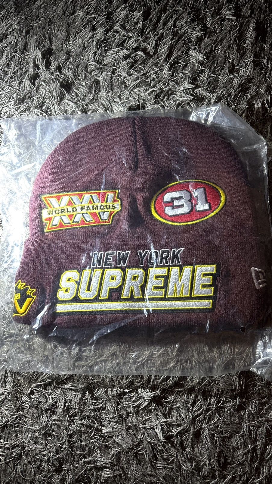 New Era × Supreme “Football” Beanie, Cardinal Red/Plum (F/W 2025, Week 16) Size ONE SIZE - 3 Thumbnail