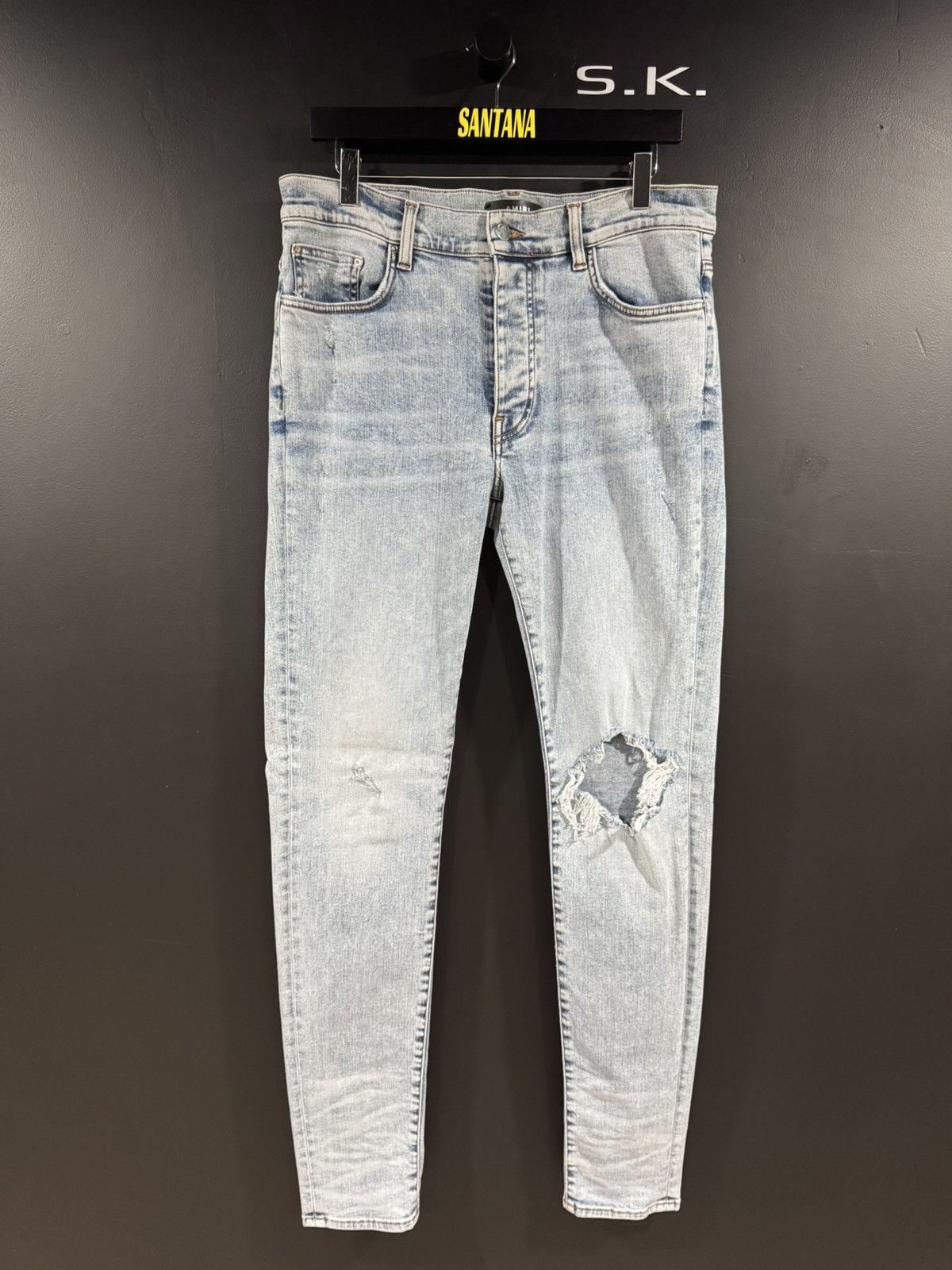 Amiri Faded Blue Distressed Knee Blowout Stacked Denim 34x33
