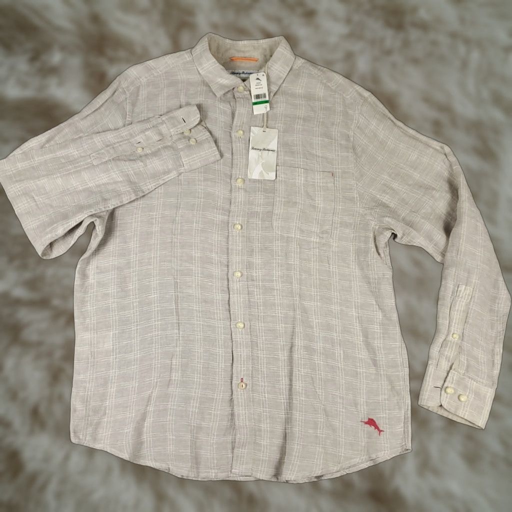 Tommy Bahama Tommy Bahama Shirt Mens Large Beige Check Linen Button Up Long Sleeve - Button-Up, Casual, Formal, Workwear, Beach, Vintage? No Size US L / EU 52-54 / 3 - 1 Thumbnail