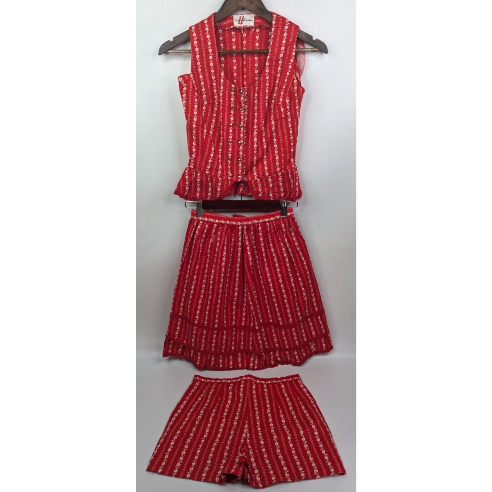 Vintage VINTAGE Lucie Linden Red Floral Vest Skirt Set 3pc 40 48 Size S / US 4 / IT 40 - 2 Thumbnail