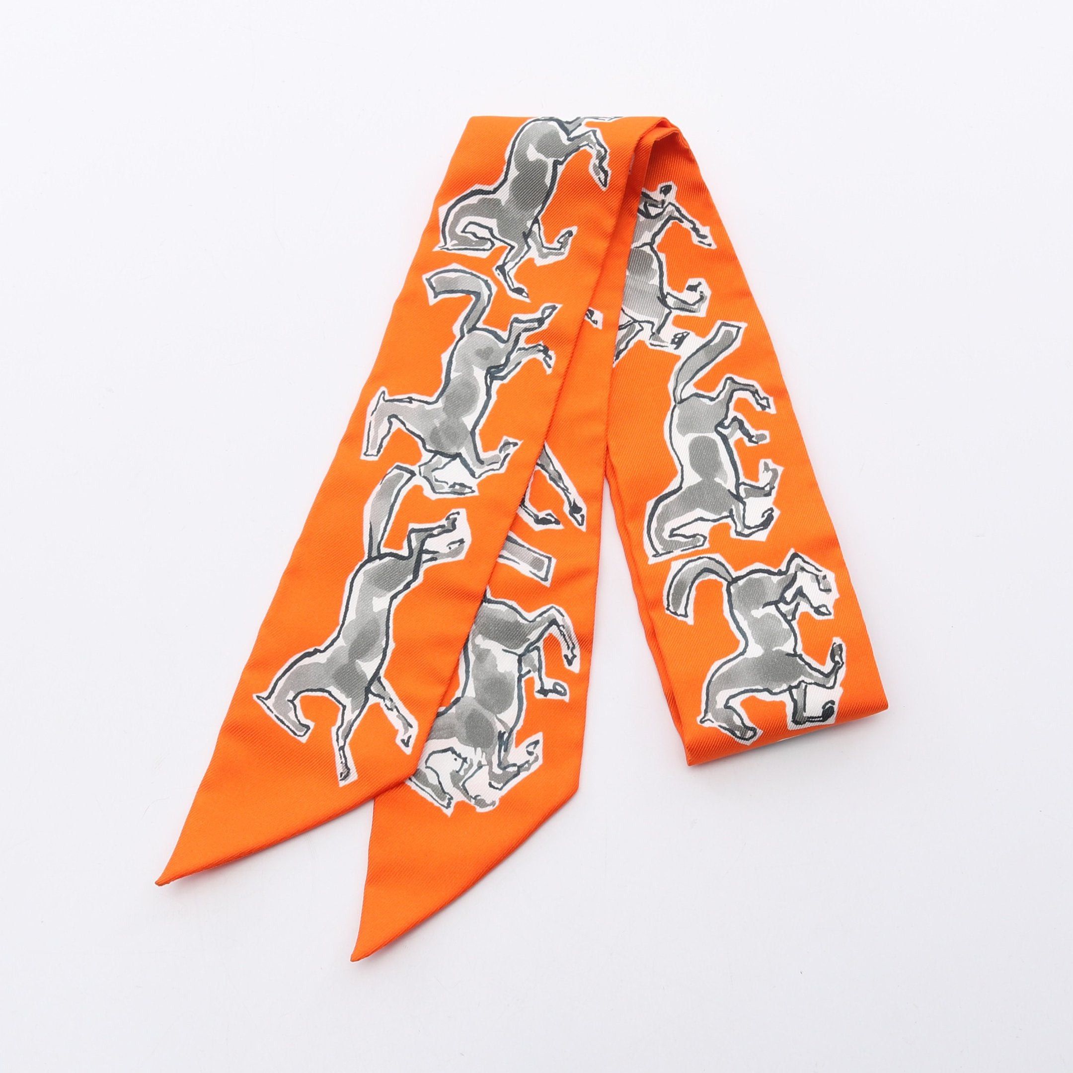 Hermes Hermes Twilly Chevaux En Liberte Ribbon Scarf Silk Orange Multicolor Size ONE SIZE - 1 Thumbnail