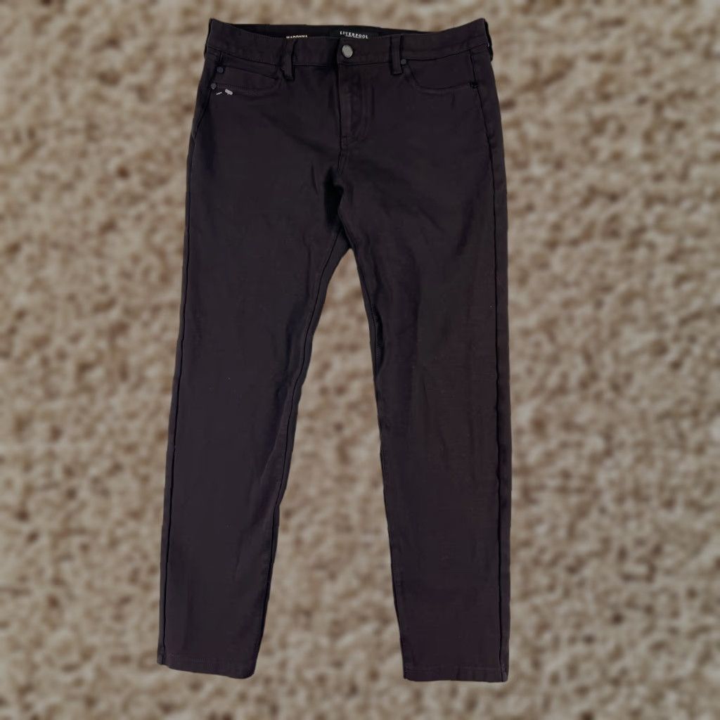 Vintage Liverpool Jeans Company Pants Women 12 Brown Tapered Madonna Legging Rayon Blend Jegging Regular Rise Mid Front Flat Front Stretch Knit Button Size 34" / US 12 / IT 48 - 1 Thumbnail