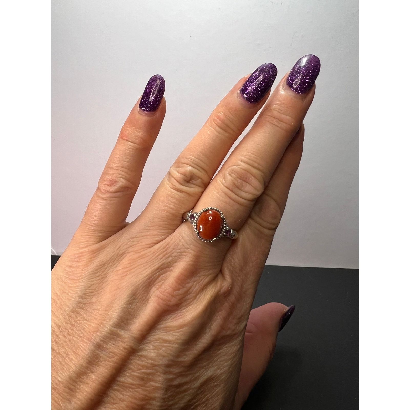 Other Red Jade and grape rhodolite garnet sterling silver ring Size ONE SIZE - 7 Thumbnail