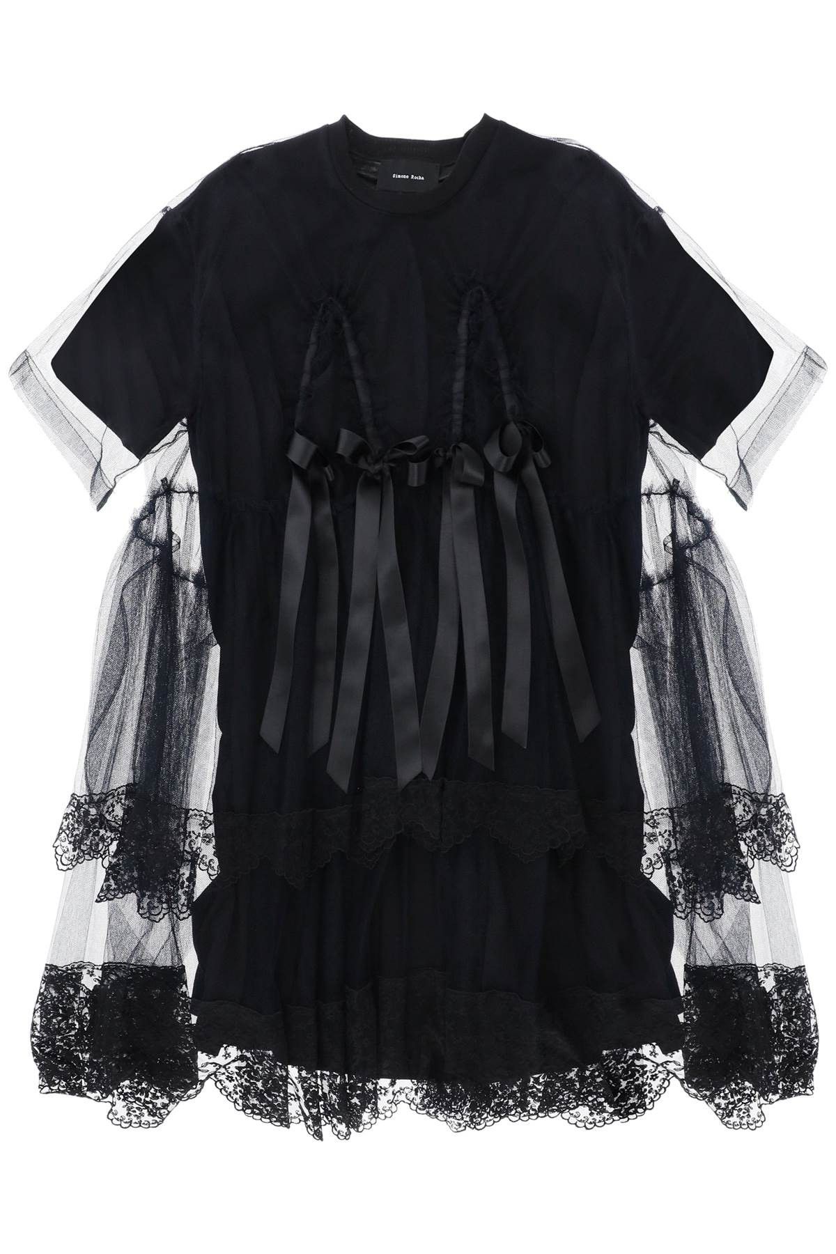 image of Simone Rocha Midi Dress In Mesh With Lace And Bows in Nero, Women's (Size XS)