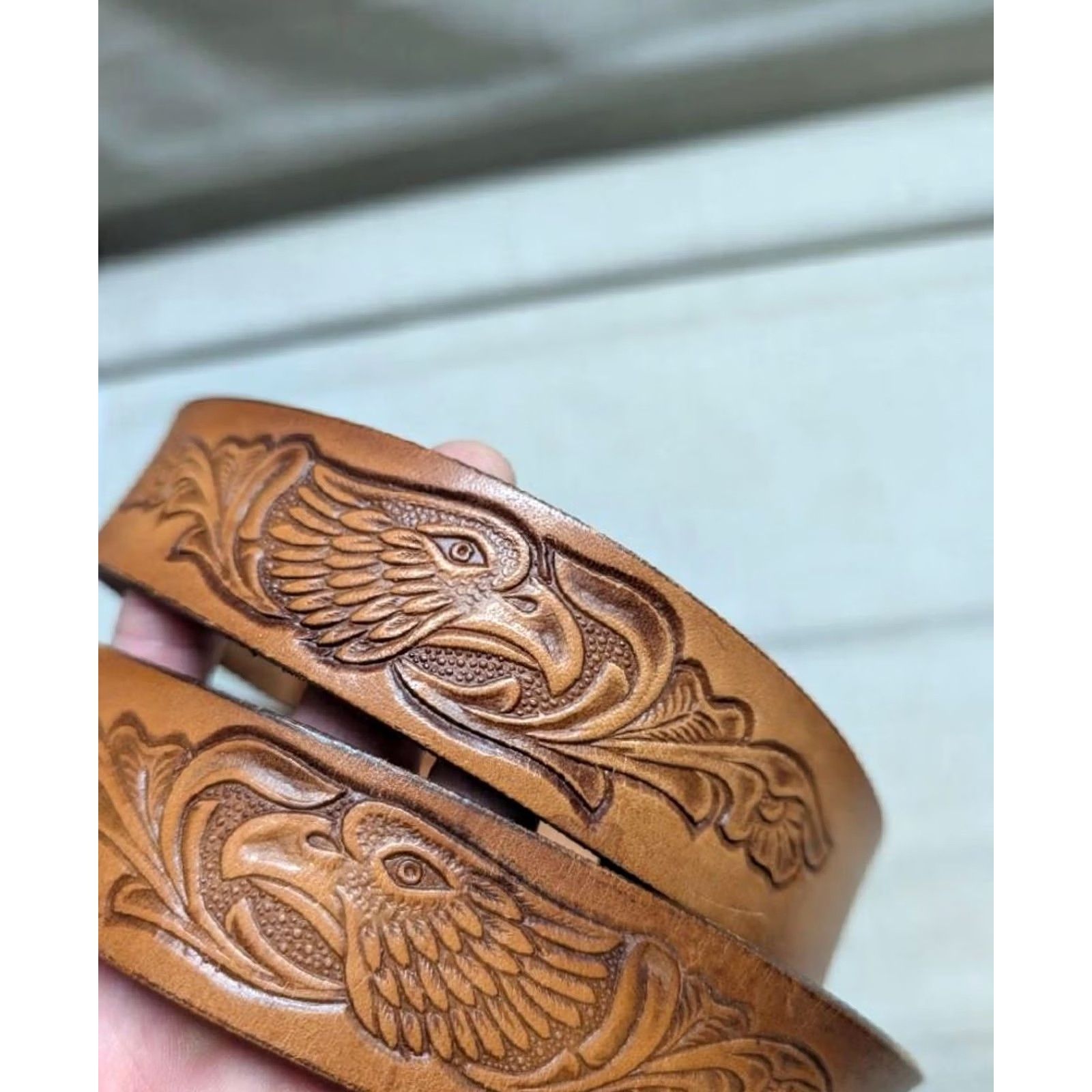 Vintage VINTAGE hand crafted brown leather tooled western belt Eagle 40 Men belts XS? Size 40 - 2 Thumbnail