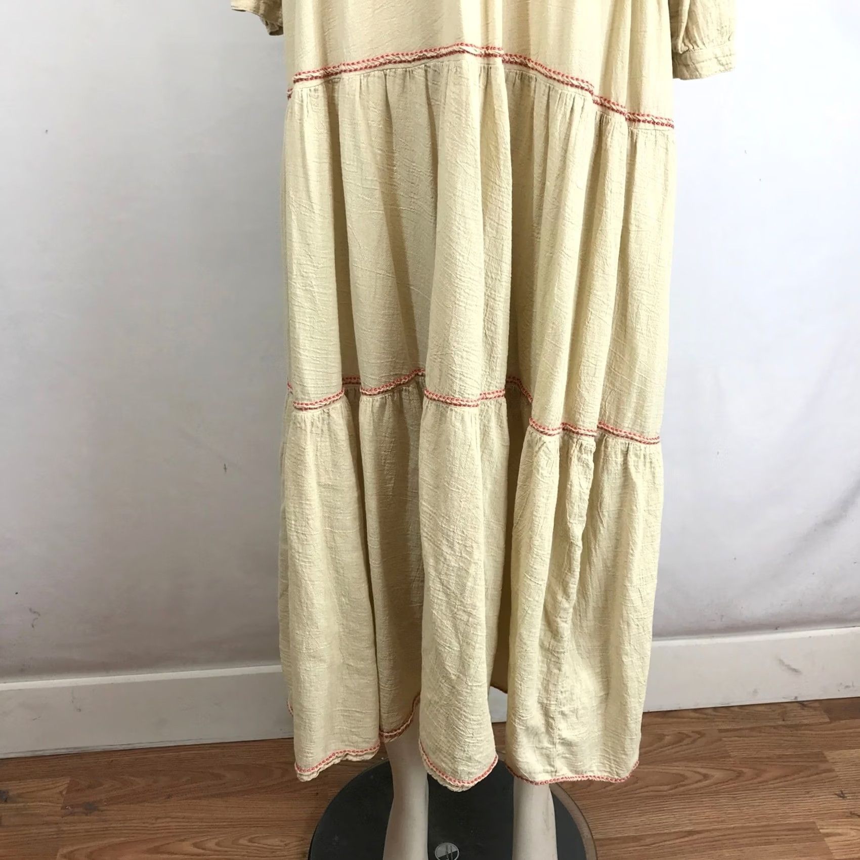Vintage HONORINE Beige Tiered Maxi Dress Red Stitching Tie Neck Ruffle Collar XS Dress Size XS / US 0-2 / IT 36-38 - 3 Thumbnail